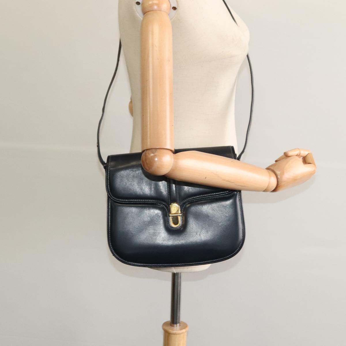 GUCCI Shoulder Bag Leather Navy Gold Auth ep8402
