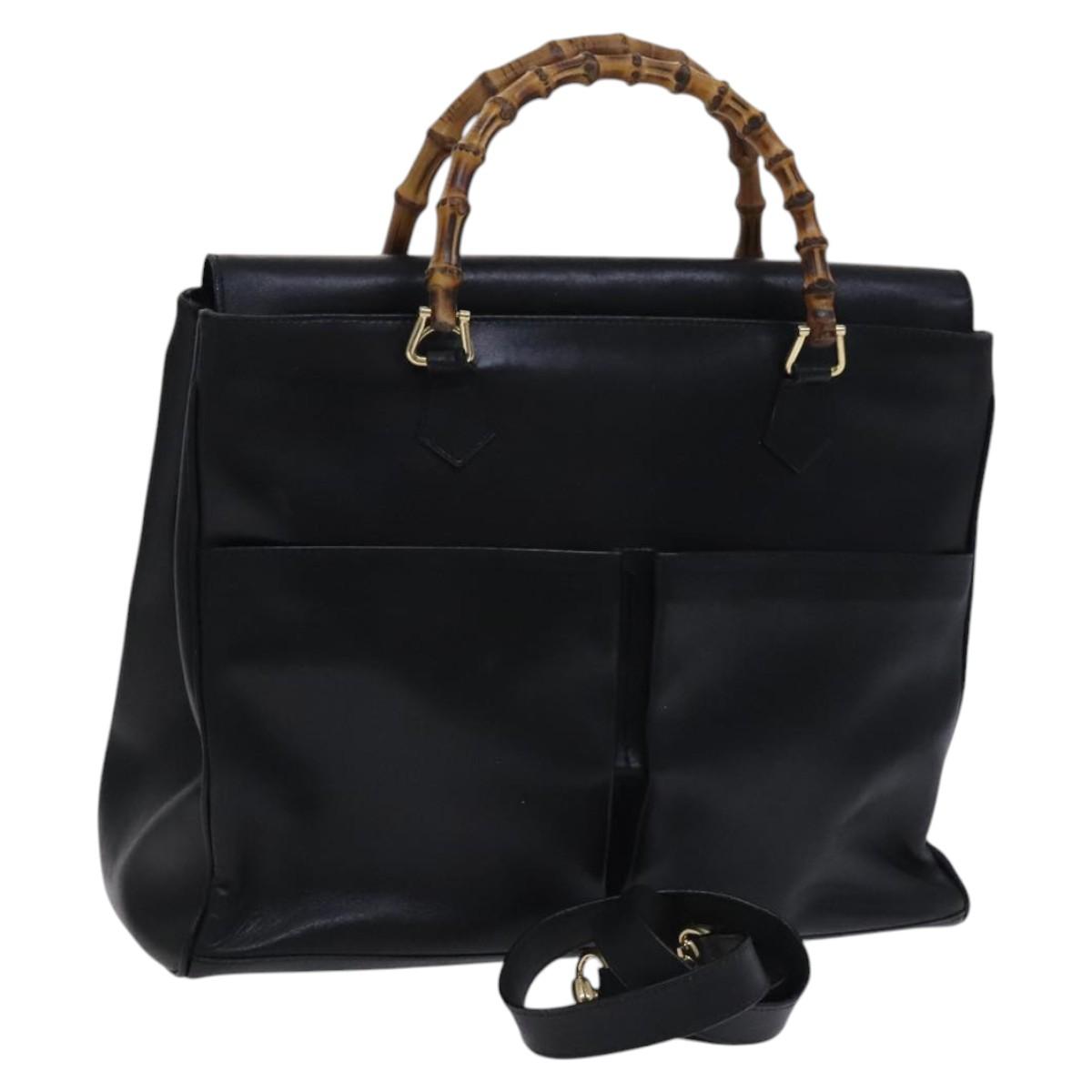 GUCCI Bamboo Hand Bag Leather 2way Black Gold 002 123 0322 Auth ep8450