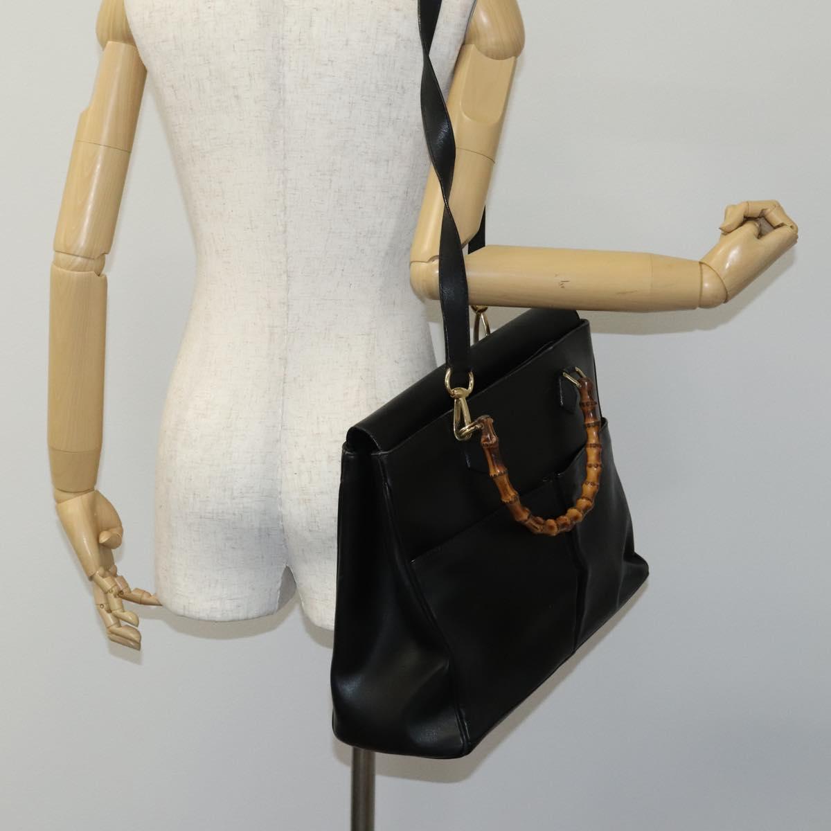 GUCCI Bamboo Hand Bag Leather 2way Black Gold 002 123 0322 Auth ep8450