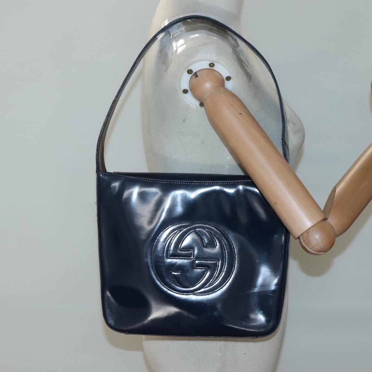 GUCCI Patent leather Shoulder Bag Navy Silver 000 1046 0506 Auth ep8474