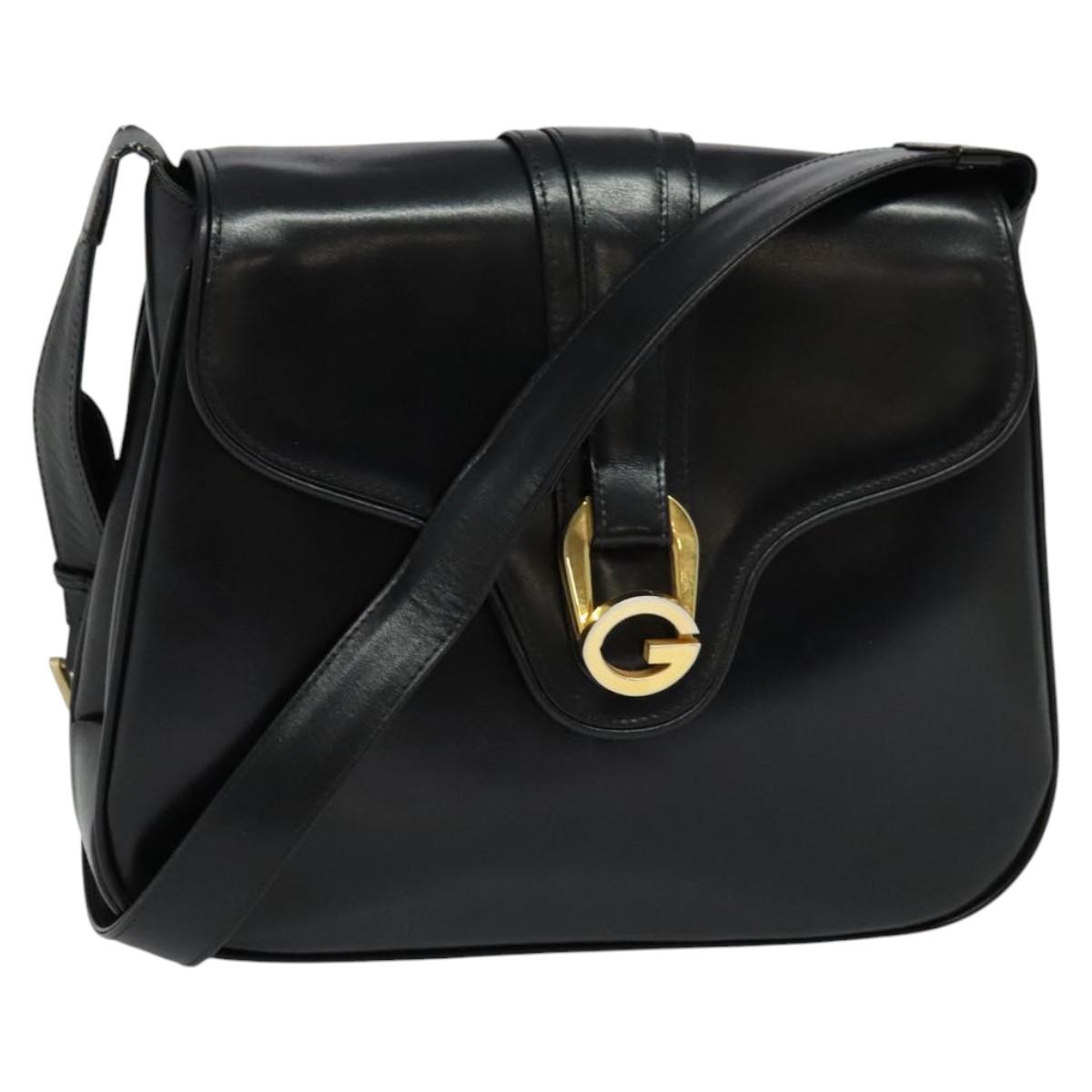 GUCCI Shoulder Bag Leather Black Gold Auth ep8475