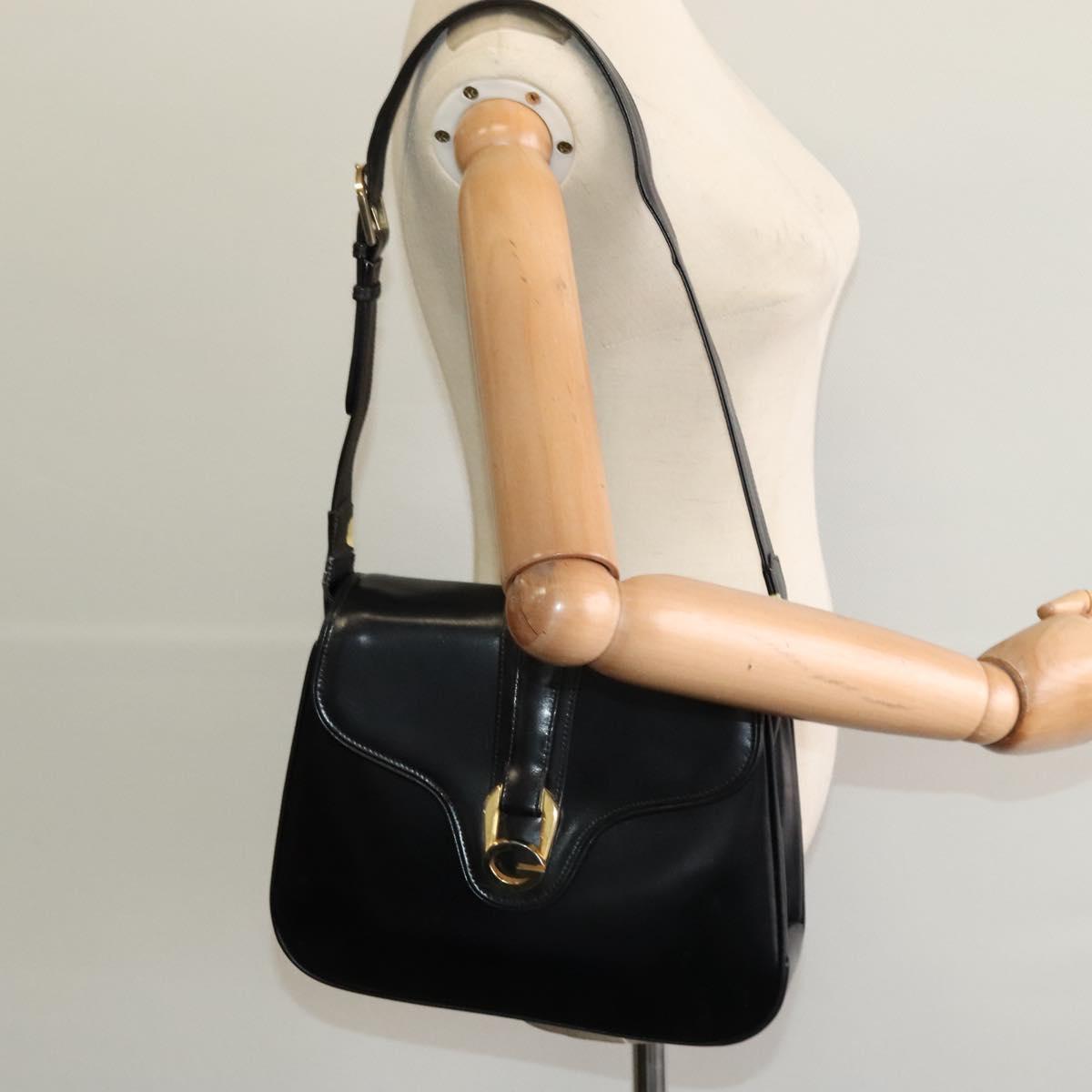 GUCCI Shoulder Bag Leather Black Gold Auth ep8475