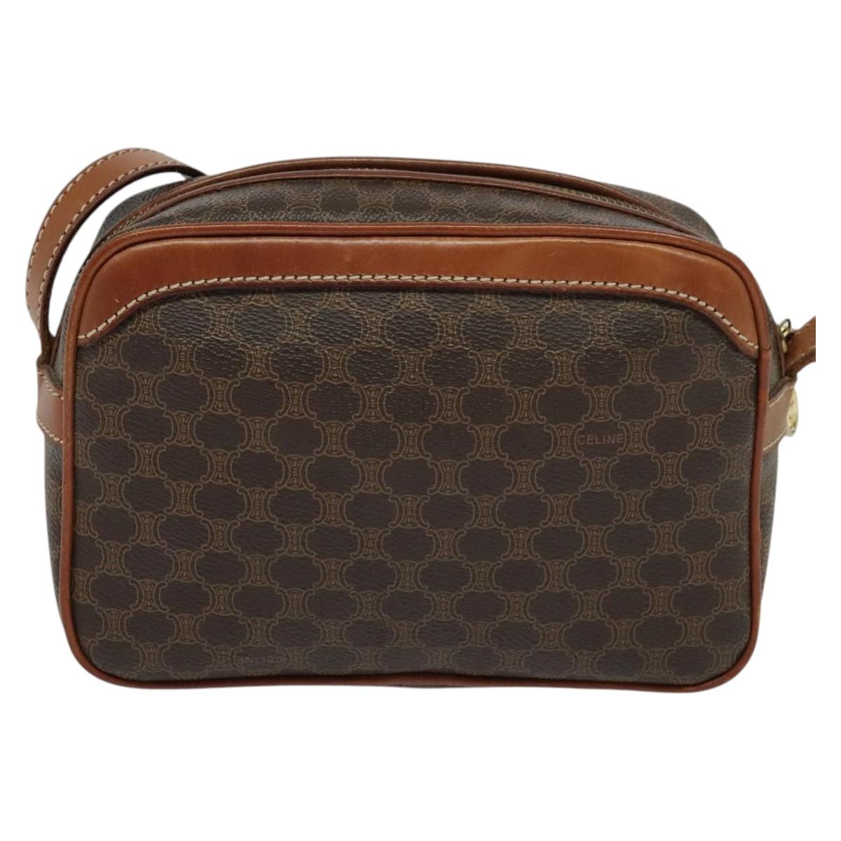 CELINE Macadam Canvas Shoulder Bag PVC Leather Brown Gold Auth ep8498
