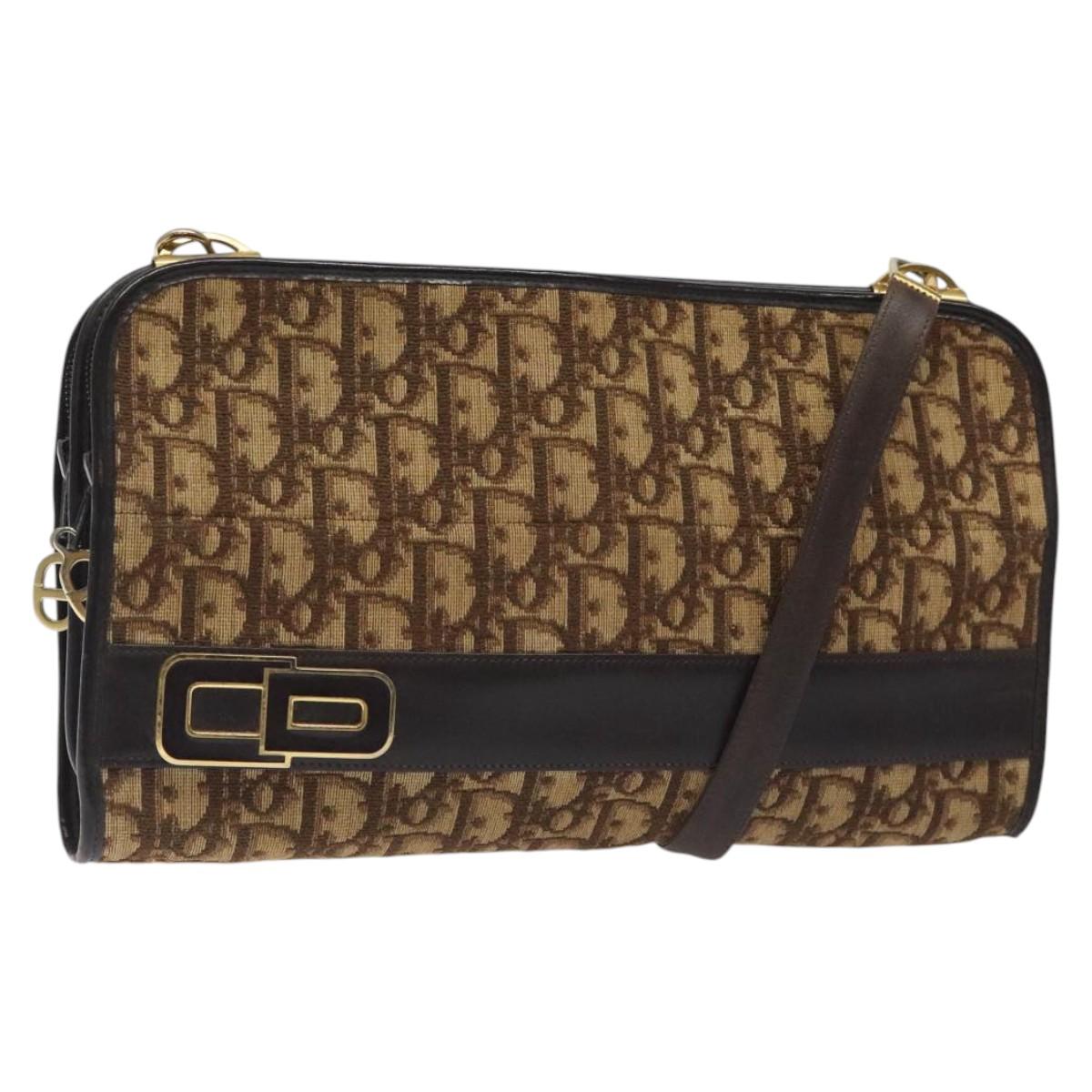 Christian Dior Trotter Canvas Shoulder Bag Brown Gold Auth ep8530