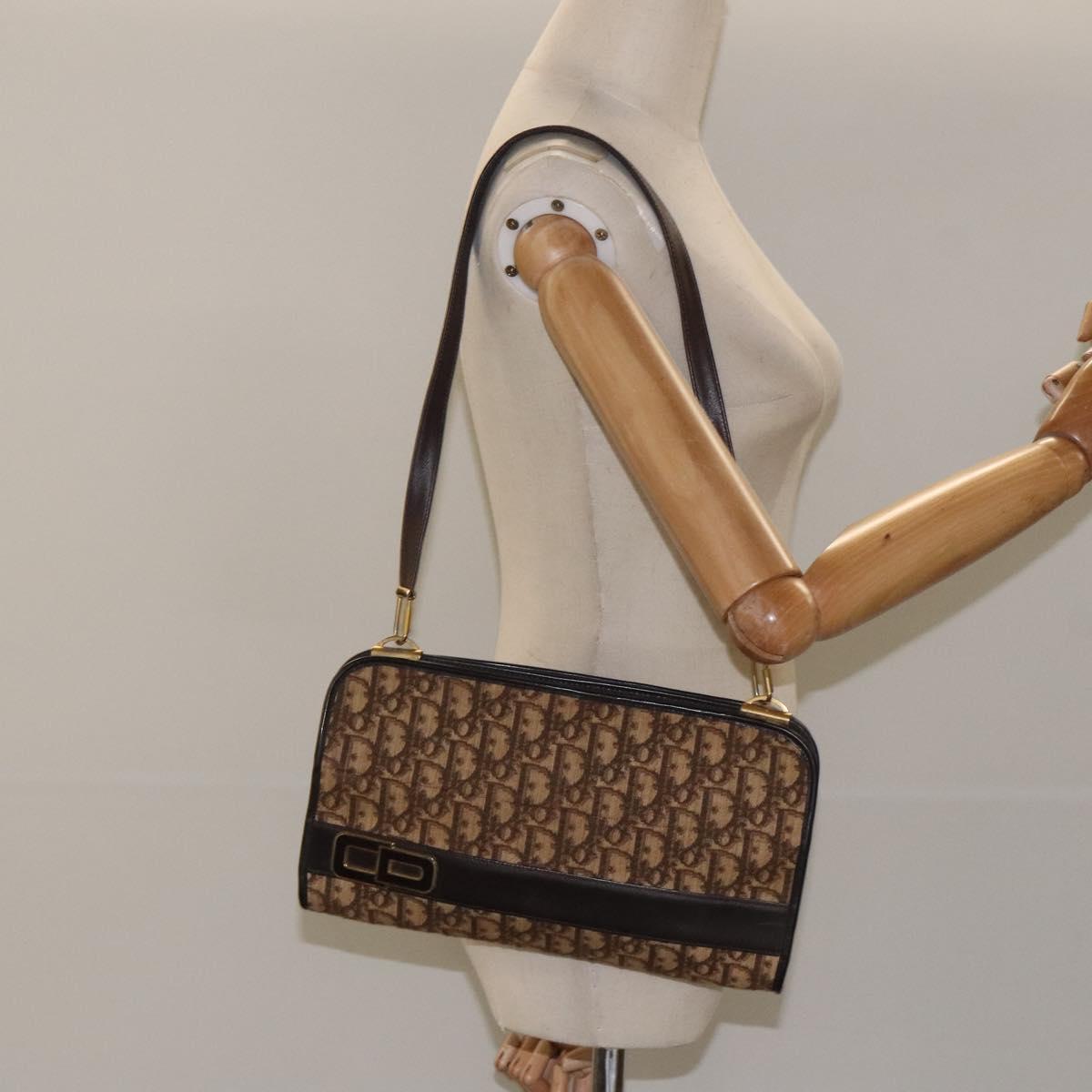 Christian Dior Trotter Canvas Shoulder Bag Brown Gold Auth ep8530