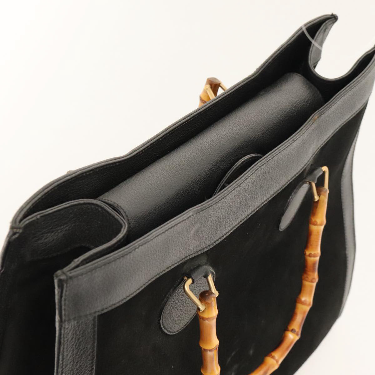 GUCCI Bamboo Hand Bag Suede Black Gold 002 1186 0260 Auth ep8603