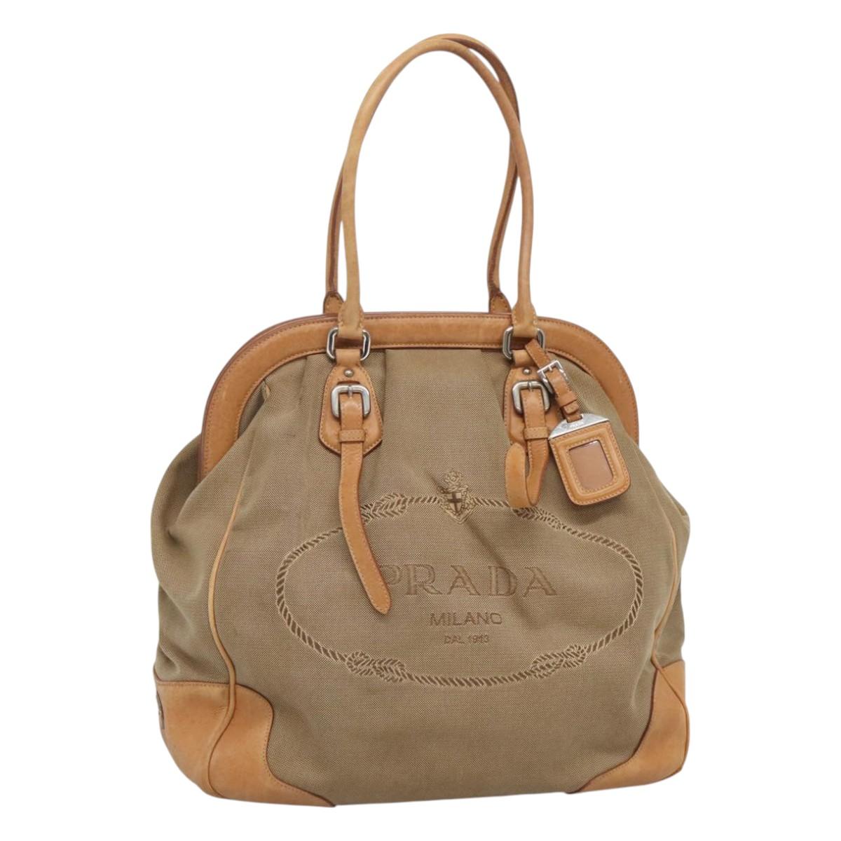 PRADA Tote Bag Canvas Beige Silver Auth ep8959