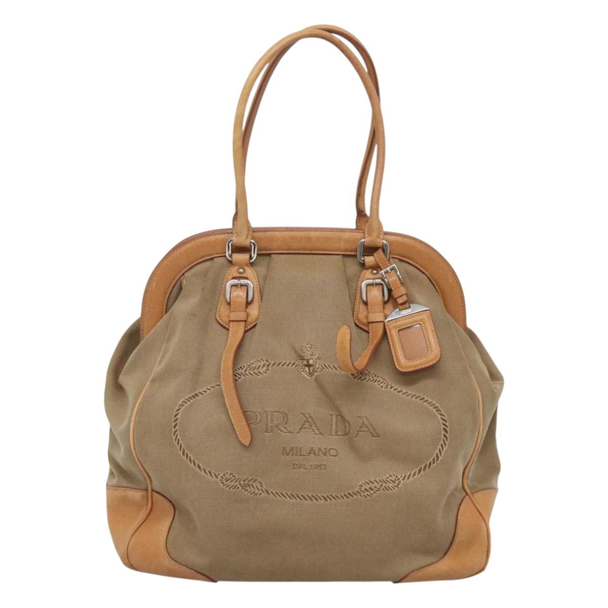 PRADA Tote Bag Canvas Beige Silver Auth ep8959
