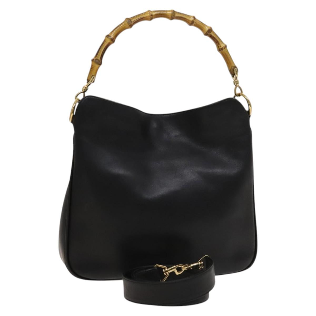 GUCCI Bamboo Hand Bag Leather 2way Black Gold 001 1638 Auth ep9053