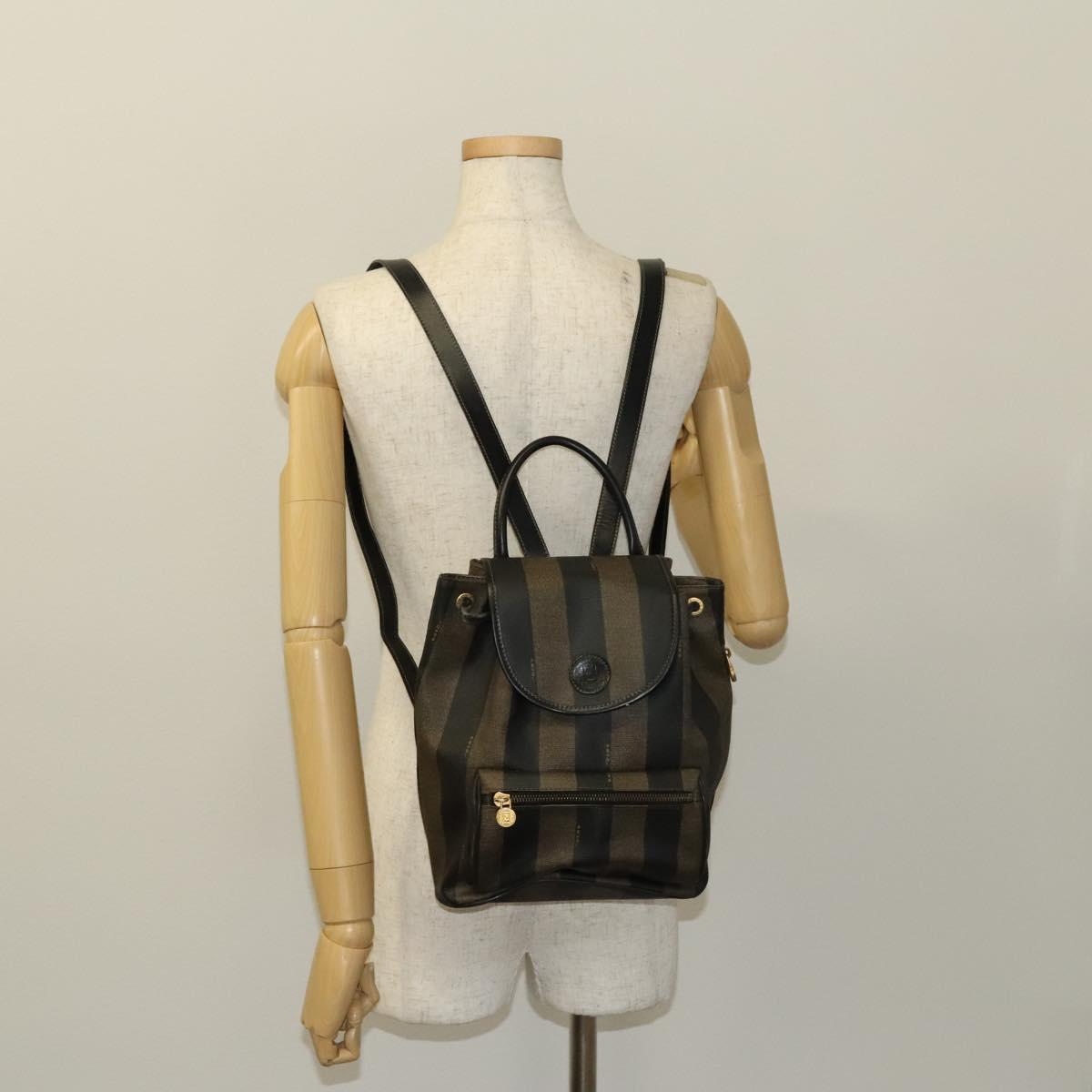 FENDI Pecan Canvas Backpack PVC Brown Black gold Auth ep9067