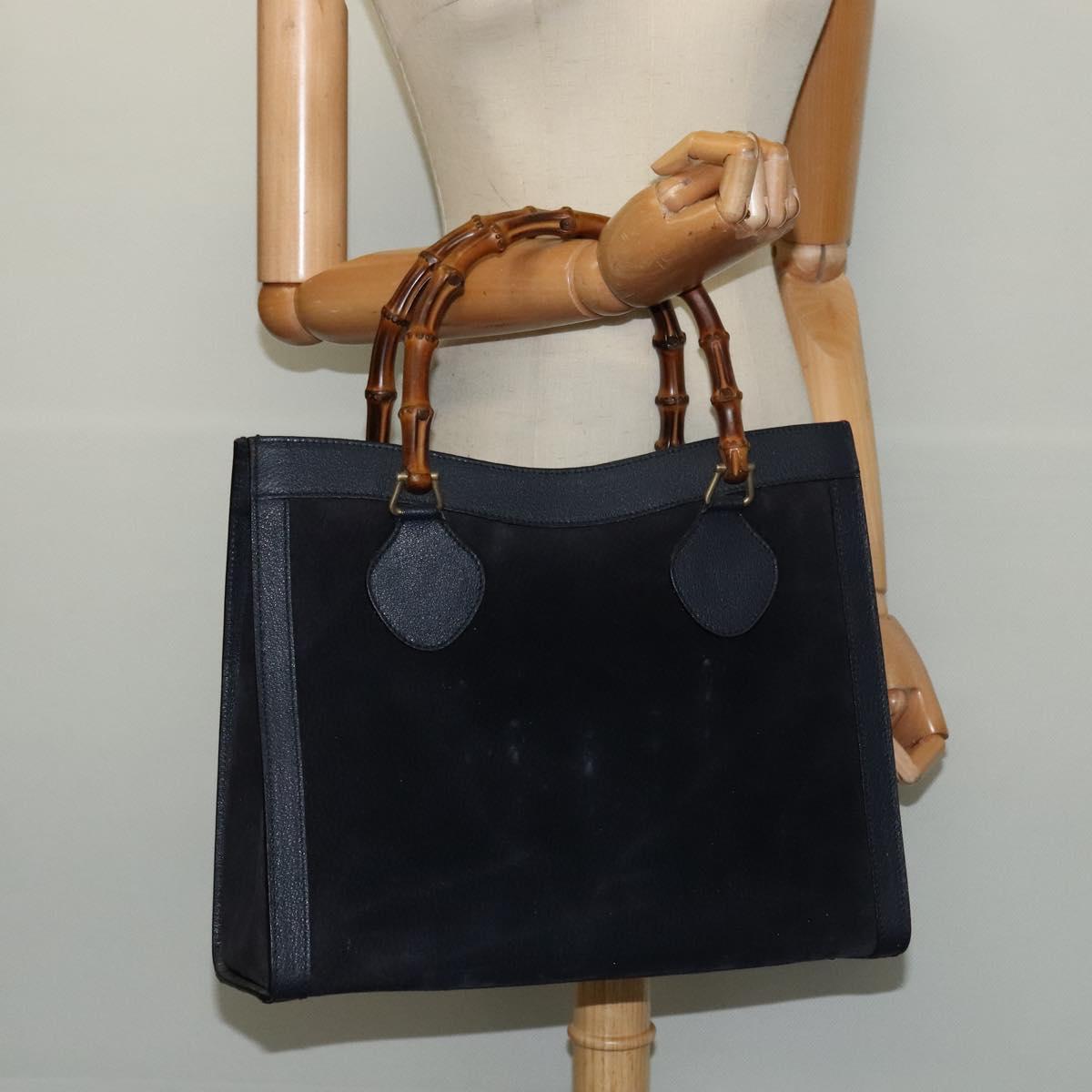GUCCI Bamboo Hand Bag Suede Navy Gold 002 1186 0260 Auth ep9069