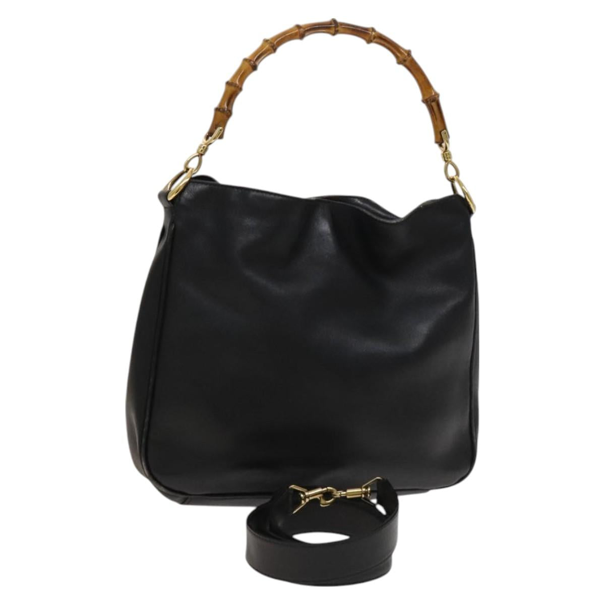 GUCCI Bamboo Hand Bag Leather 2way Black Gold 001 1638 2615 Auth ep9101
