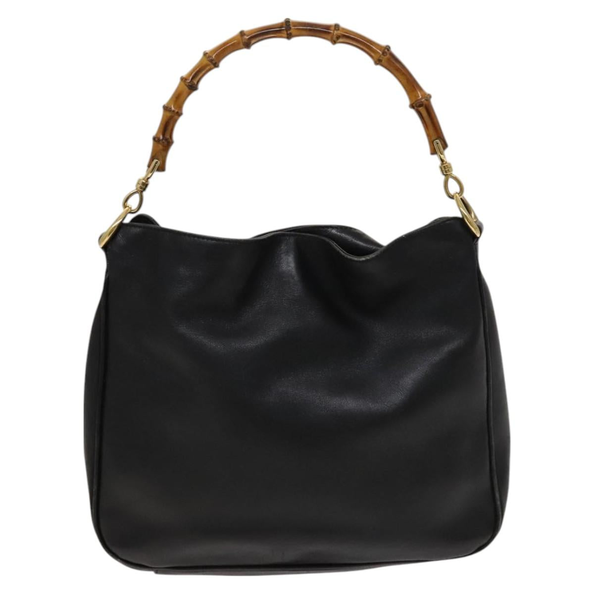 GUCCI Bamboo Hand Bag Leather 2way Black Gold 001 1638 2615 Auth ep9101