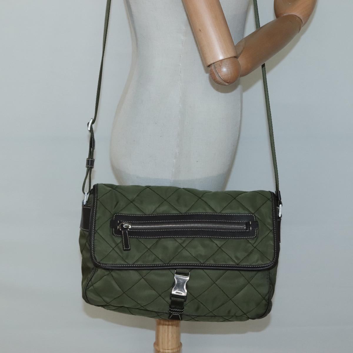 PRADA Shoulder Bag Nylon Khaki Silver Auth ep9159