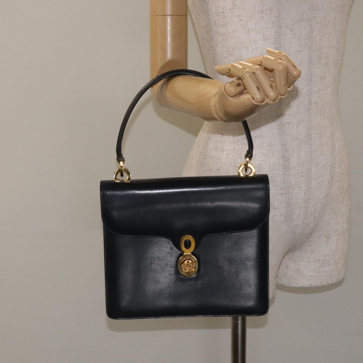 GUCCI Hand Bag Leather Navy Gold Auth ep9190