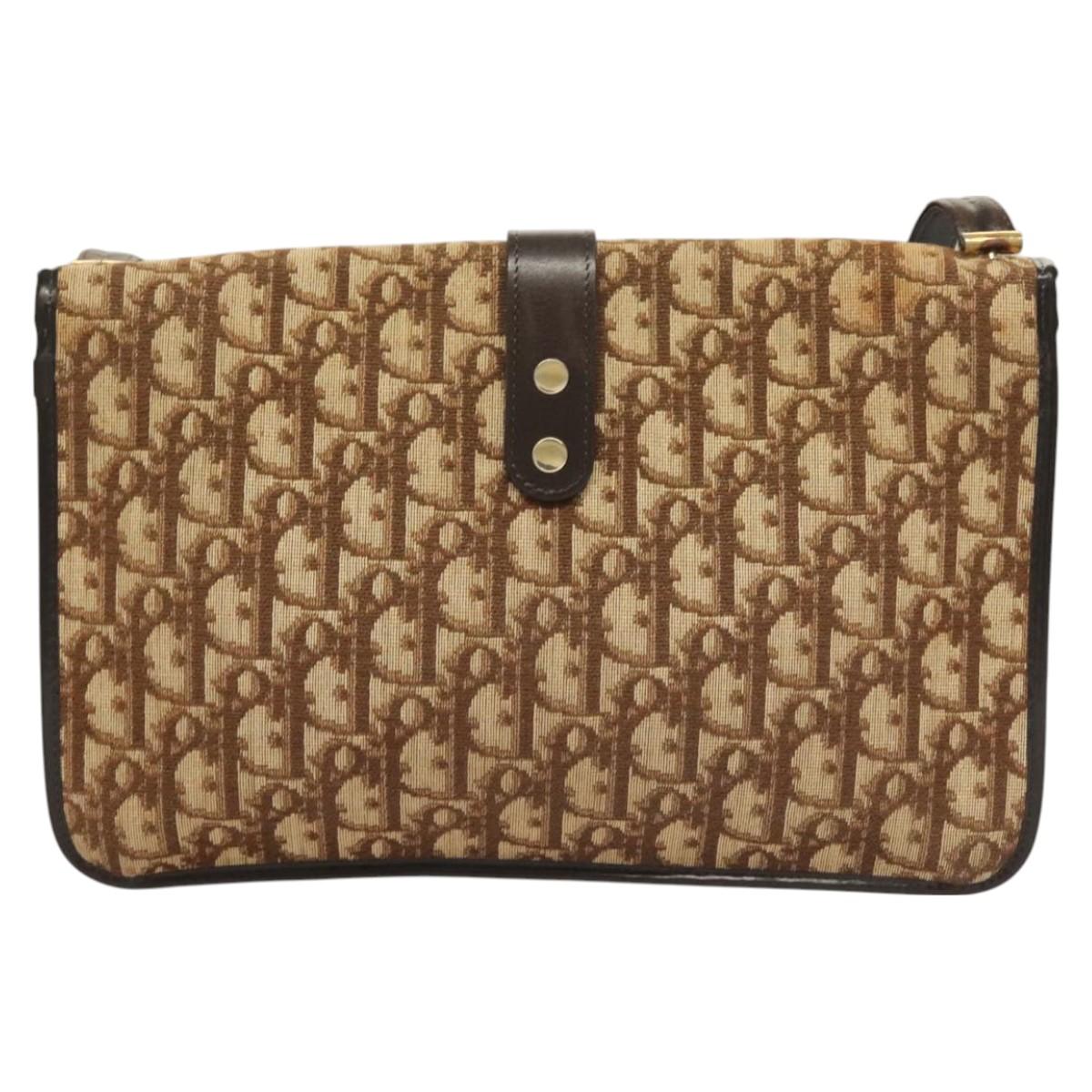 Christian Dior Trotter Canvas Shoulder Bag Brown Gold Auth ep9243