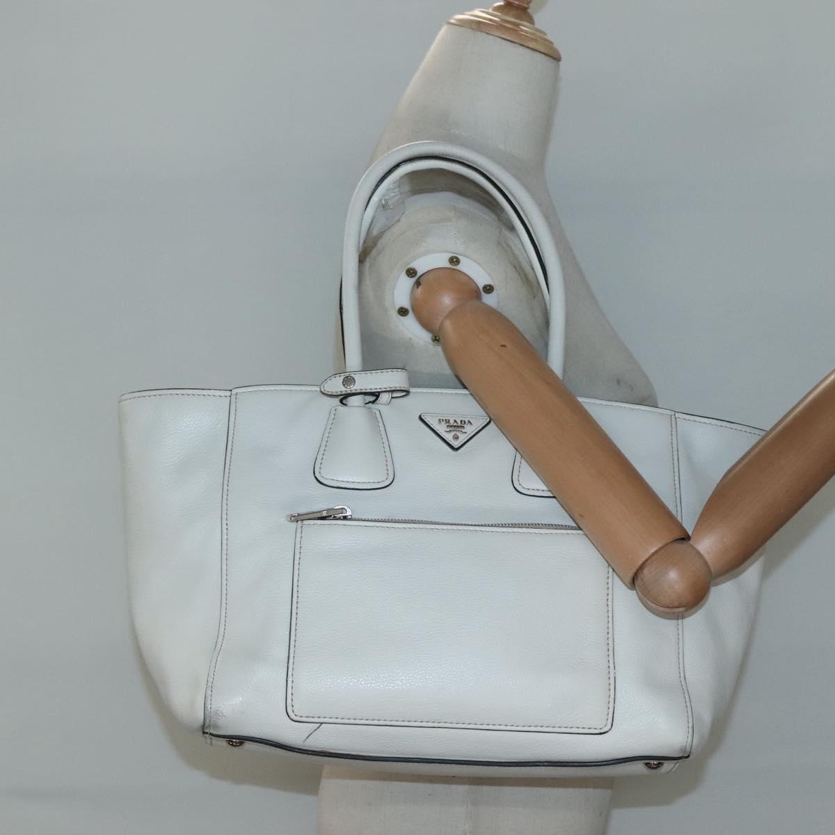 PRADA Tote Bag Leather White Silver Auth ep9305