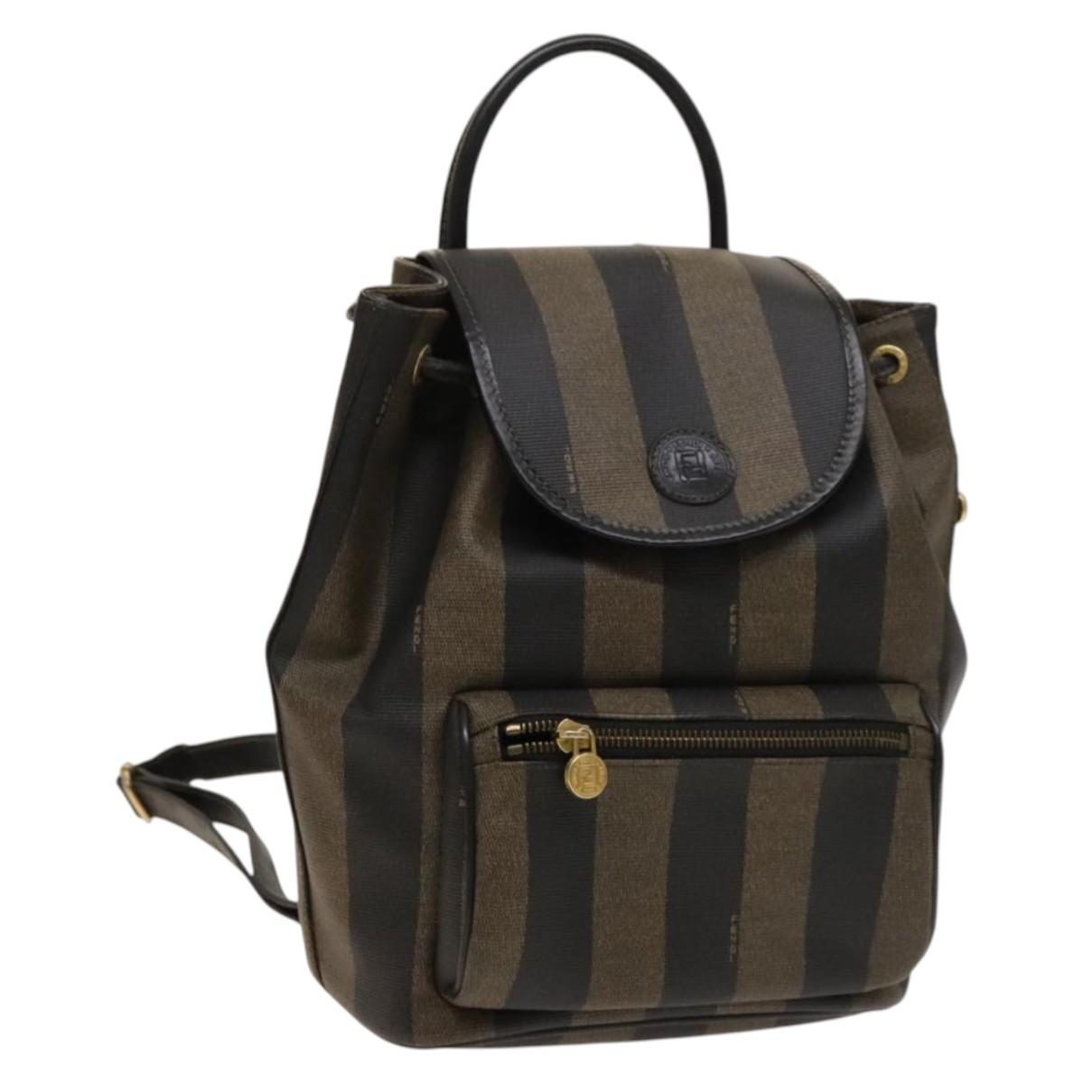 FENDI Pecan Canvas Backpack PVC Brown Black gold Auth ep9359