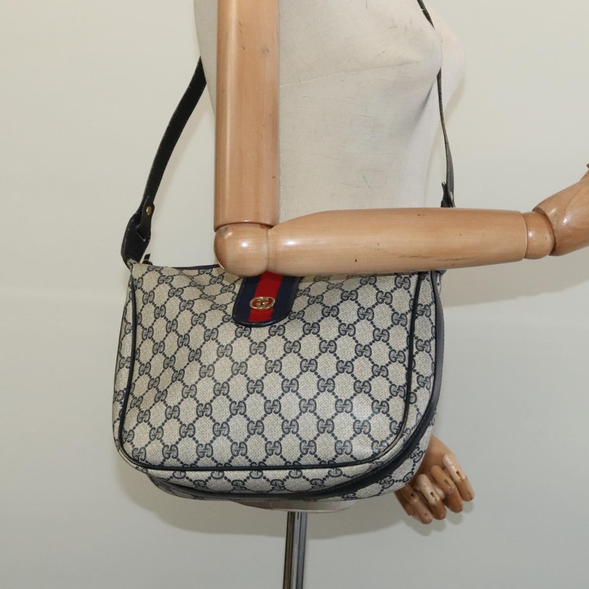 GUCCI GG Supreme Sherry Line Shoulder Bag PVC Navy Gold Red Auth ep9445
