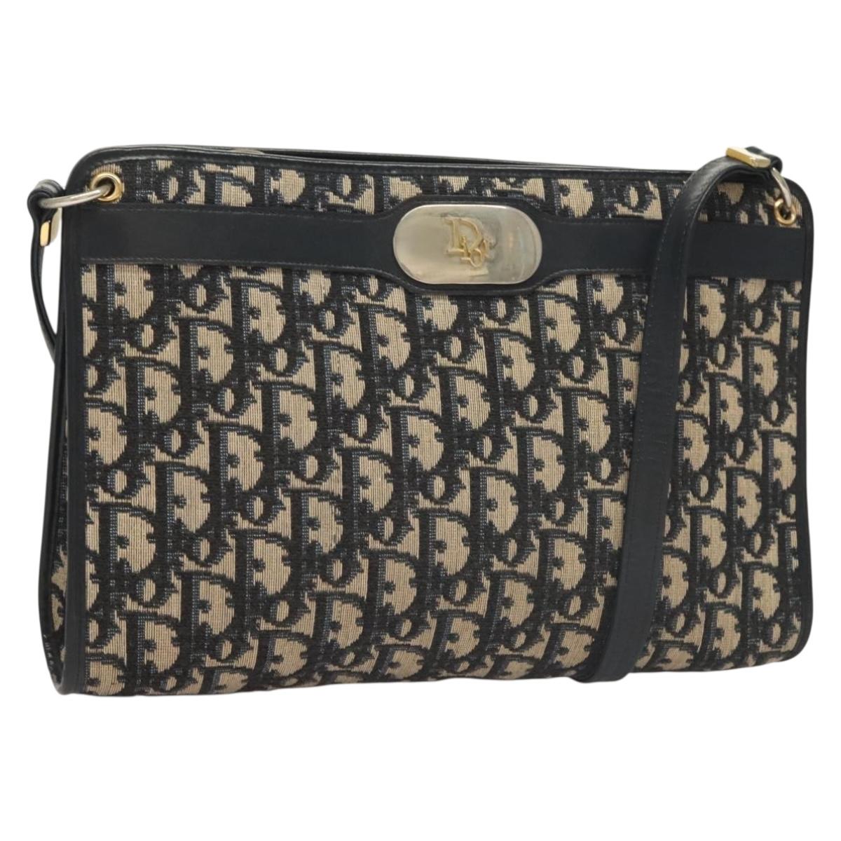 Christian Dior Trotter Canvas Shoulder Bag Navy Gold Auth ep9528