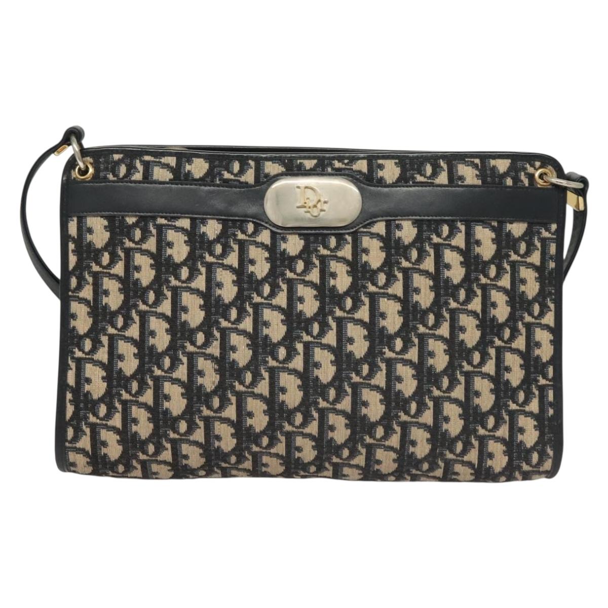 Christian Dior Trotter Canvas Shoulder Bag Navy Gold Auth ep9528