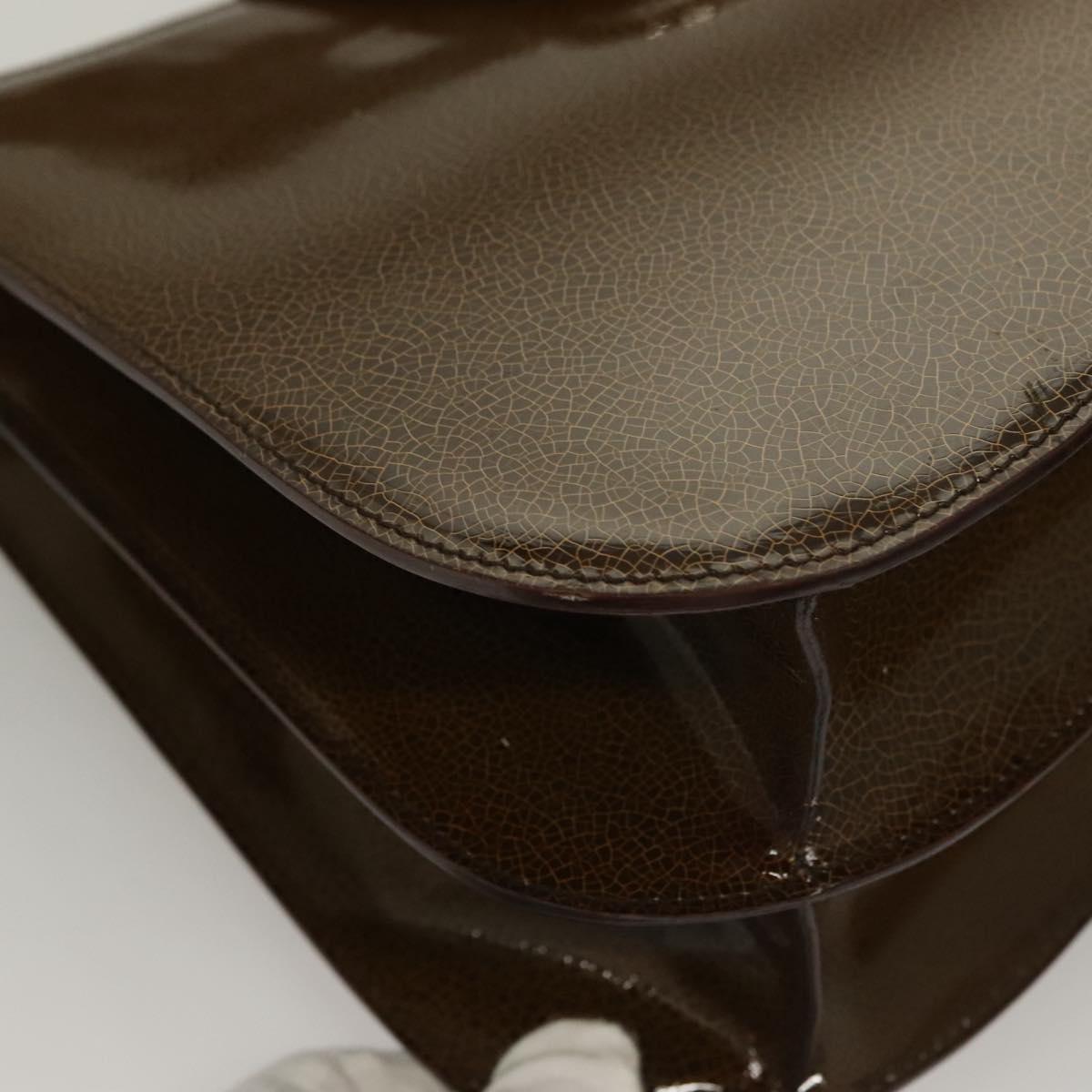 CELINE Shoulder Bag Patent leather Khaki Silver Auth ep9681