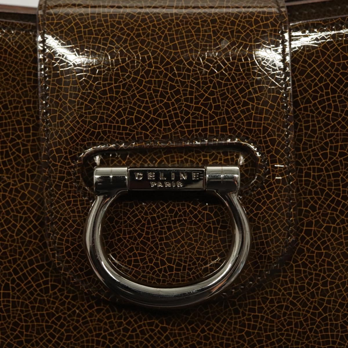 CELINE Shoulder Bag Patent leather Khaki Silver Auth ep9681