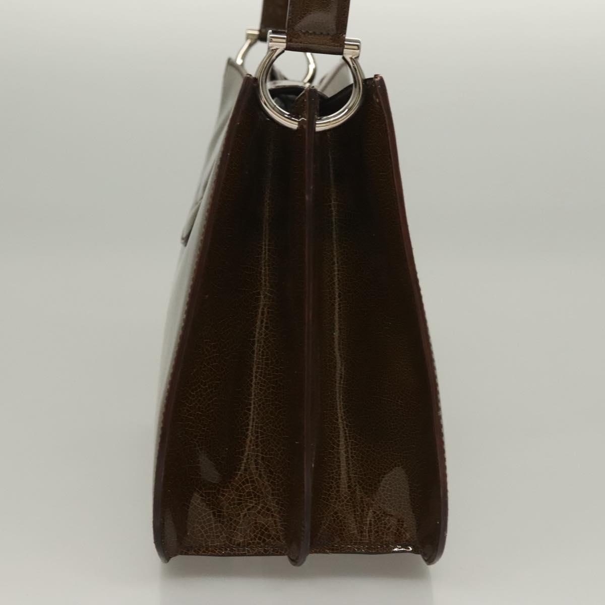 CELINE Shoulder Bag Patent leather Khaki Silver Auth ep9681