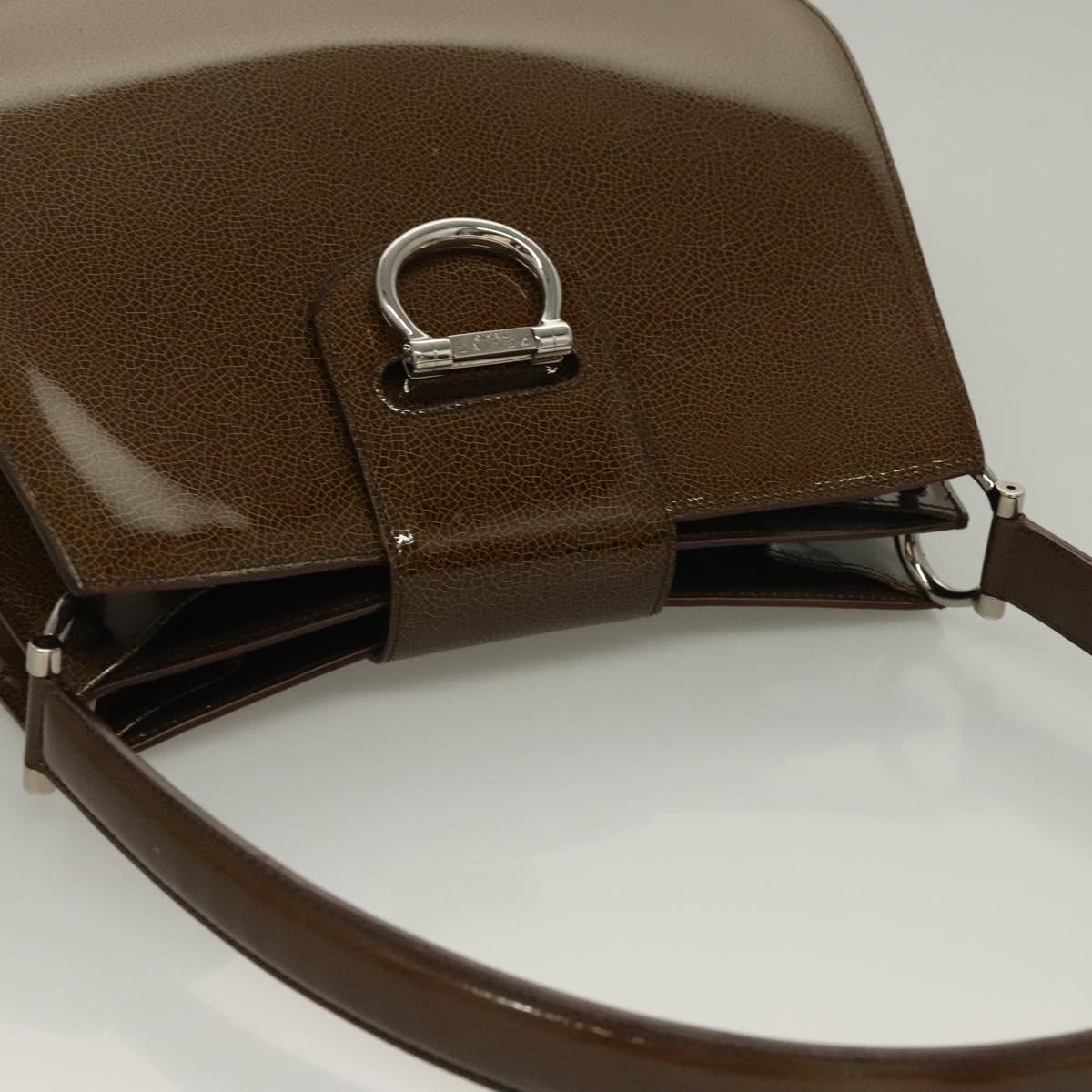 CELINE Shoulder Bag Patent leather Khaki Silver Auth ep9681