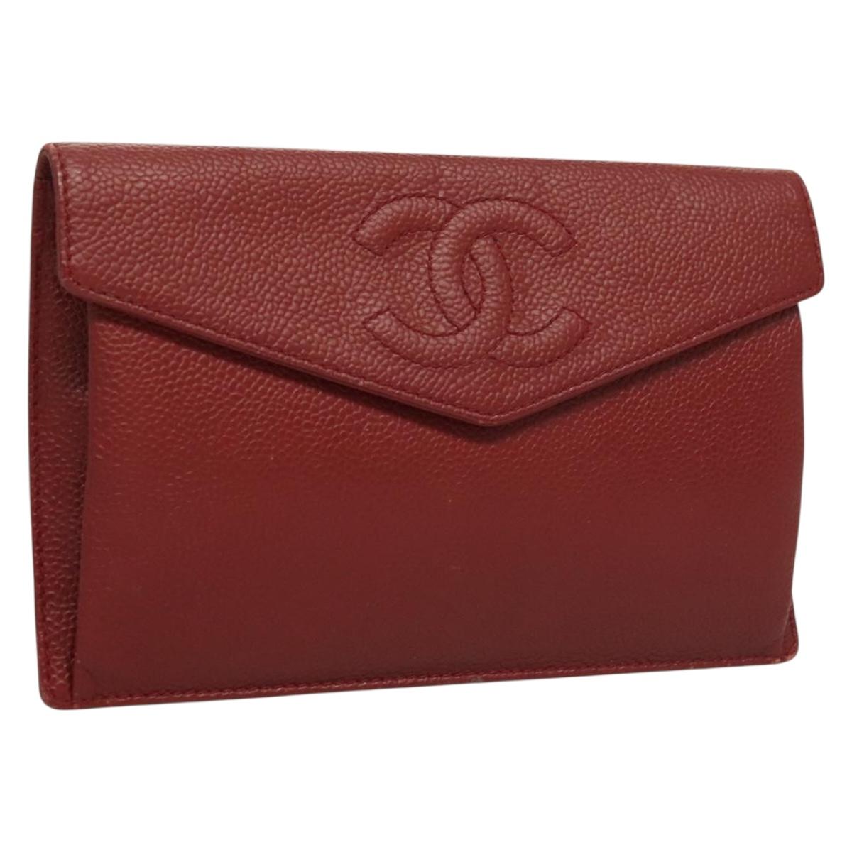 CHANEL Pouch Caviar Skin Red Gold CC Auth ep9685