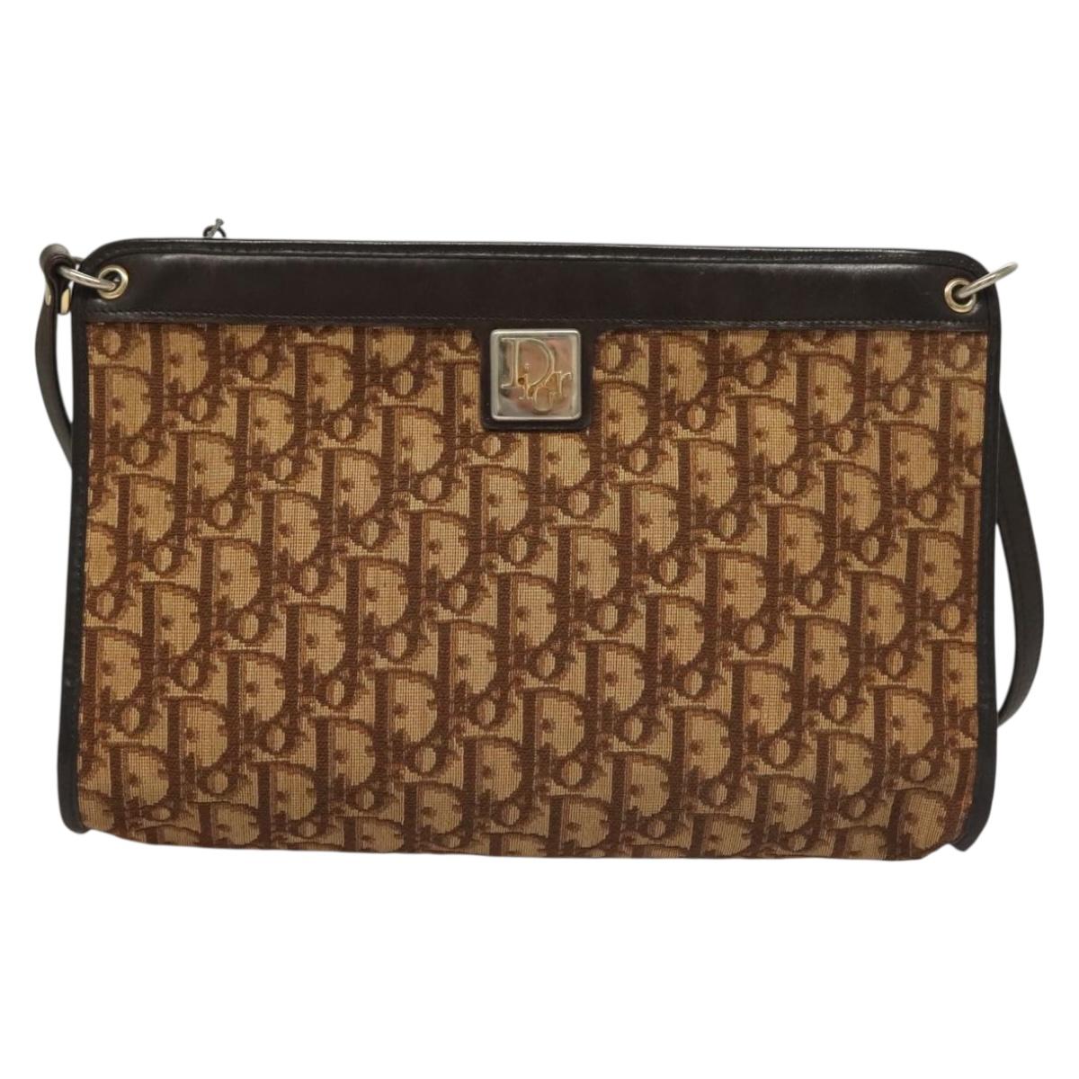 Christian Dior Trotter Canvas Shoulder Bag Brown Gold Auth ep9752