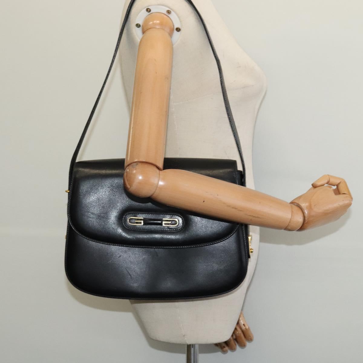 GUCCI Shoulder Bag Leather Black Gold Auth ep9755