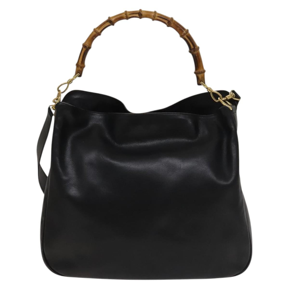 GUCCI Bamboo Hand Bag Leather 2way Black Gold Auth ep9886