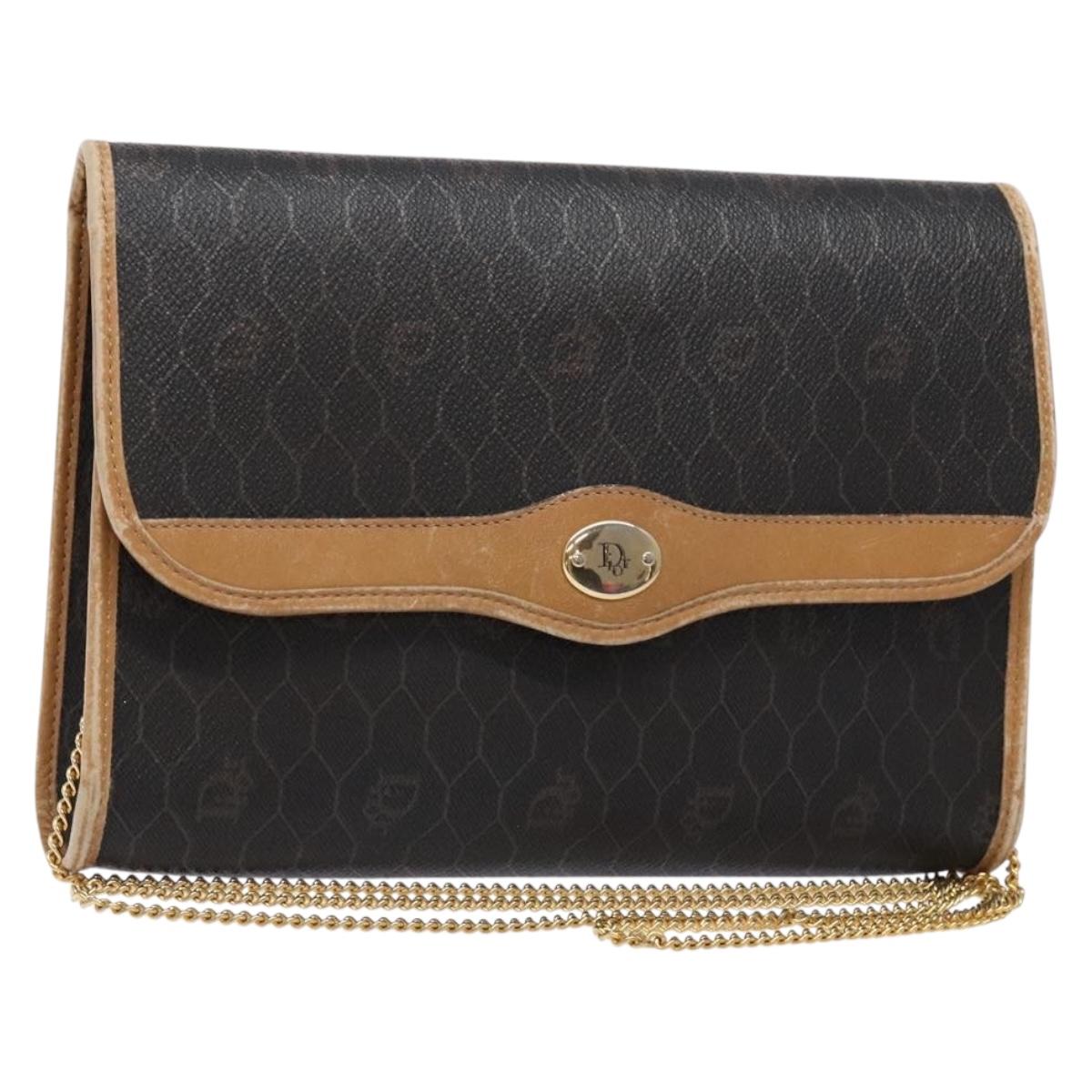 Christian Dior Honeycomb Canvas Chain Shoulder Bag PVC Black Gold Auth ep9904