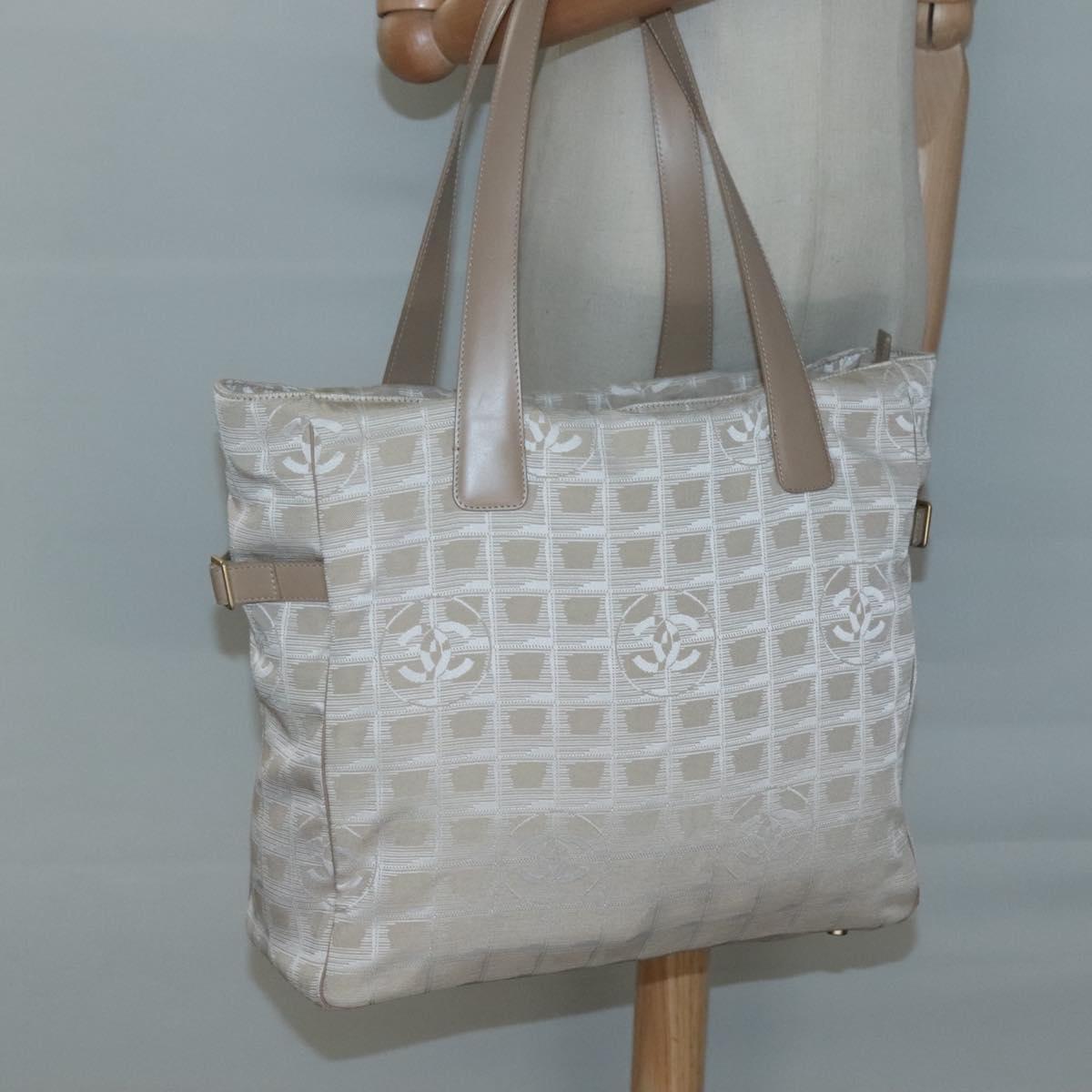 CHANEL New Travel Line Tote Bag Nylon Beige Gold CC Auth ep9942
