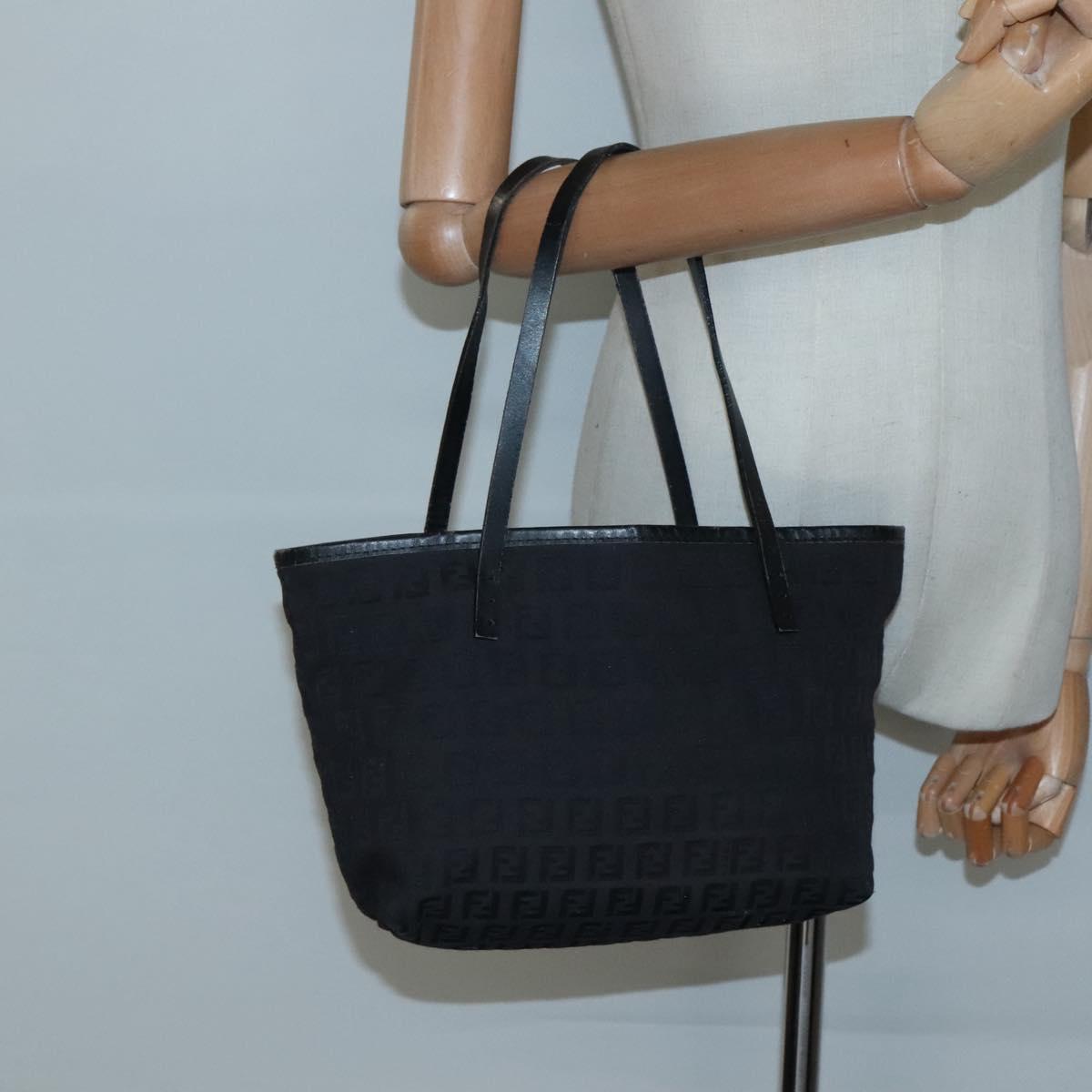 FENDI Zucchino Canvas Hand Bag Black Silver Auth ep9961