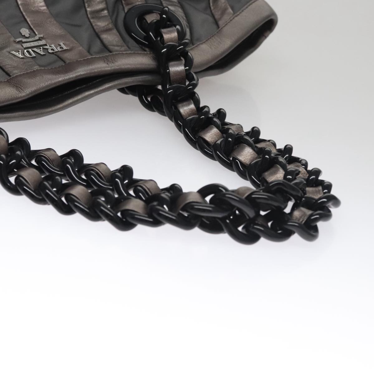 PRADA HS Prada Jacquard Shoulder Bag Leather Silver FF4583/WS4583 Auth FF4583V