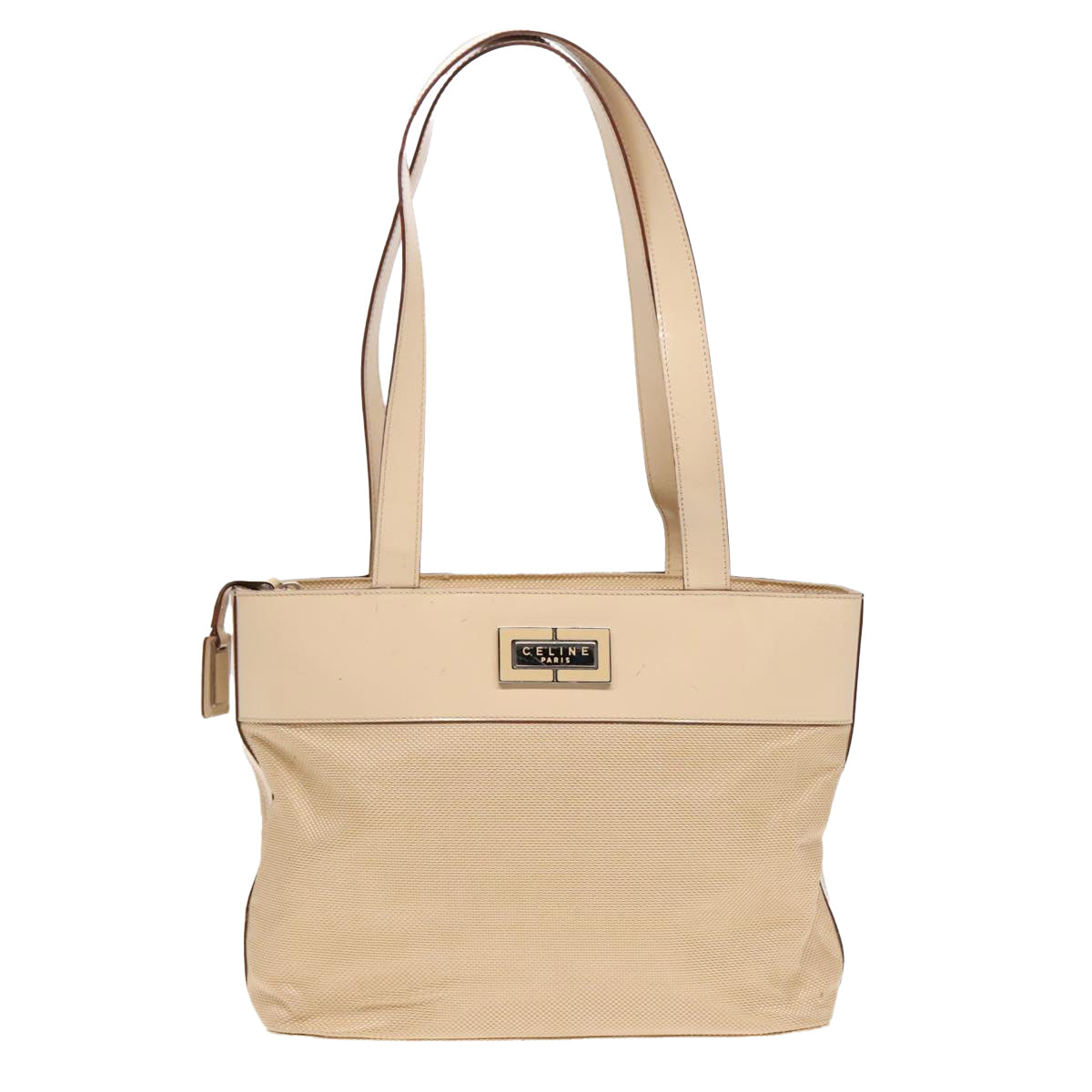 CELINE Tote Bag Canvas Leather Beige Silver Auth fm3874