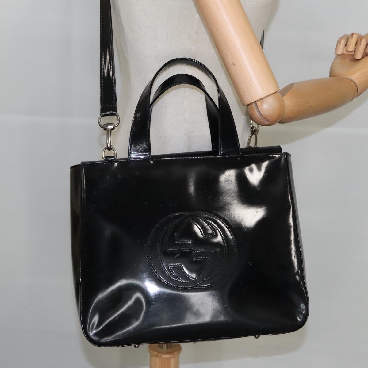GUCCI Hand Bag Enamel 2way Black Silver 000 1013 0504 Auth fm3966