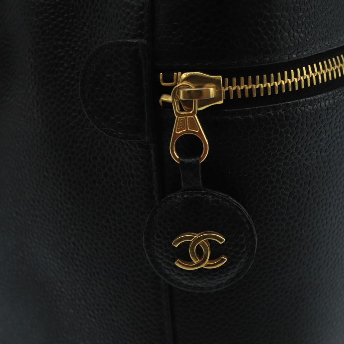 CHANEL Bicolore Vanity Cosmetic Pouch Caviar Skin Black Gold CC Auth fm4192