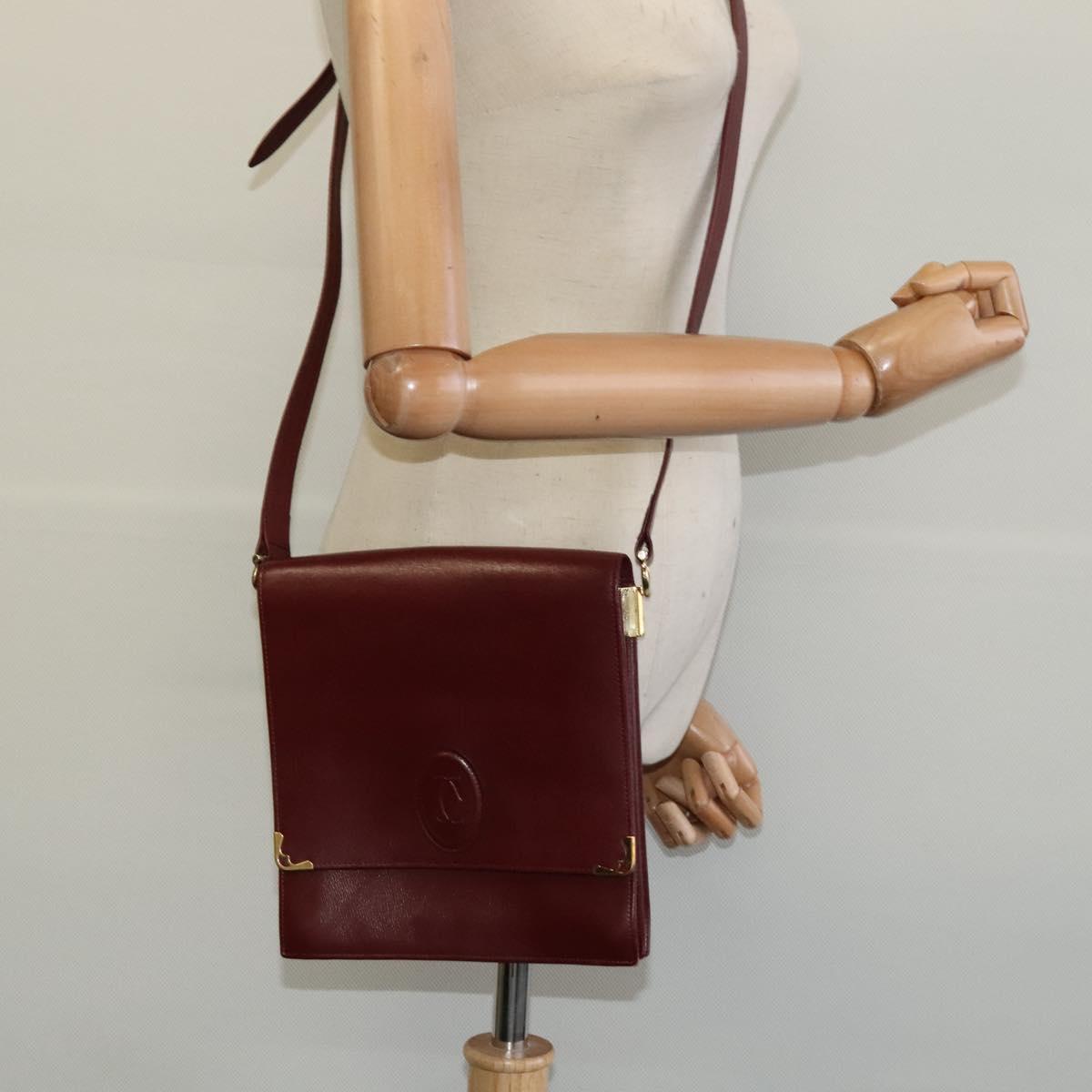 CARTIER Must Line Shoulder Bag Leather Bordeaux Gold Auth fm4381