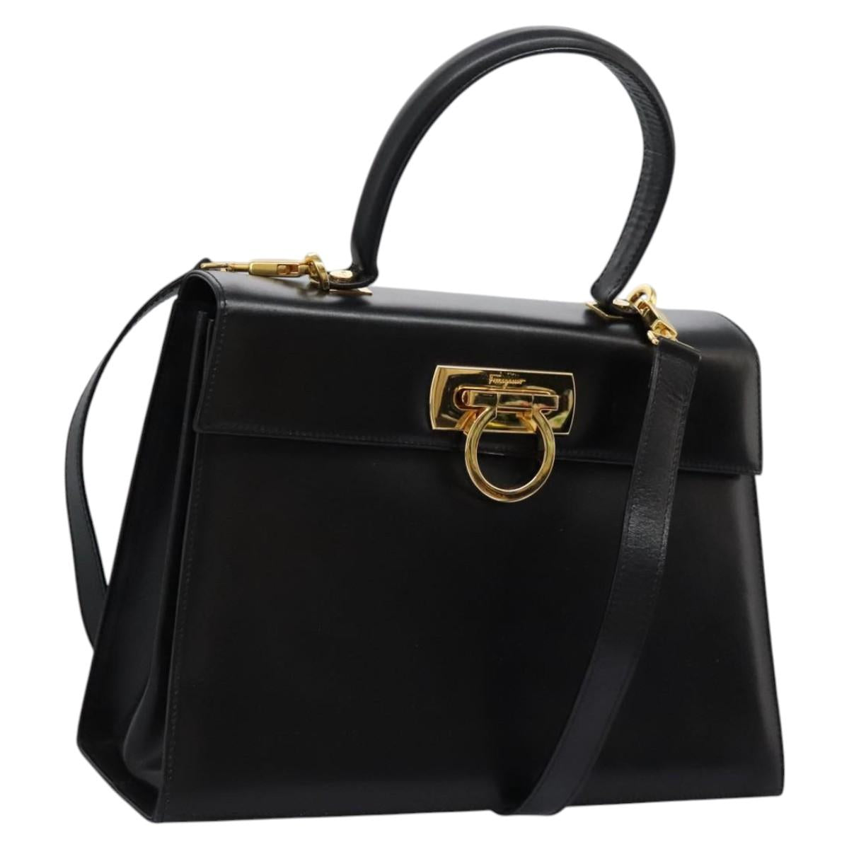 Salvatore Ferragamo Gancini Hand Bag Leather 2way Black Gold Auth fm4391