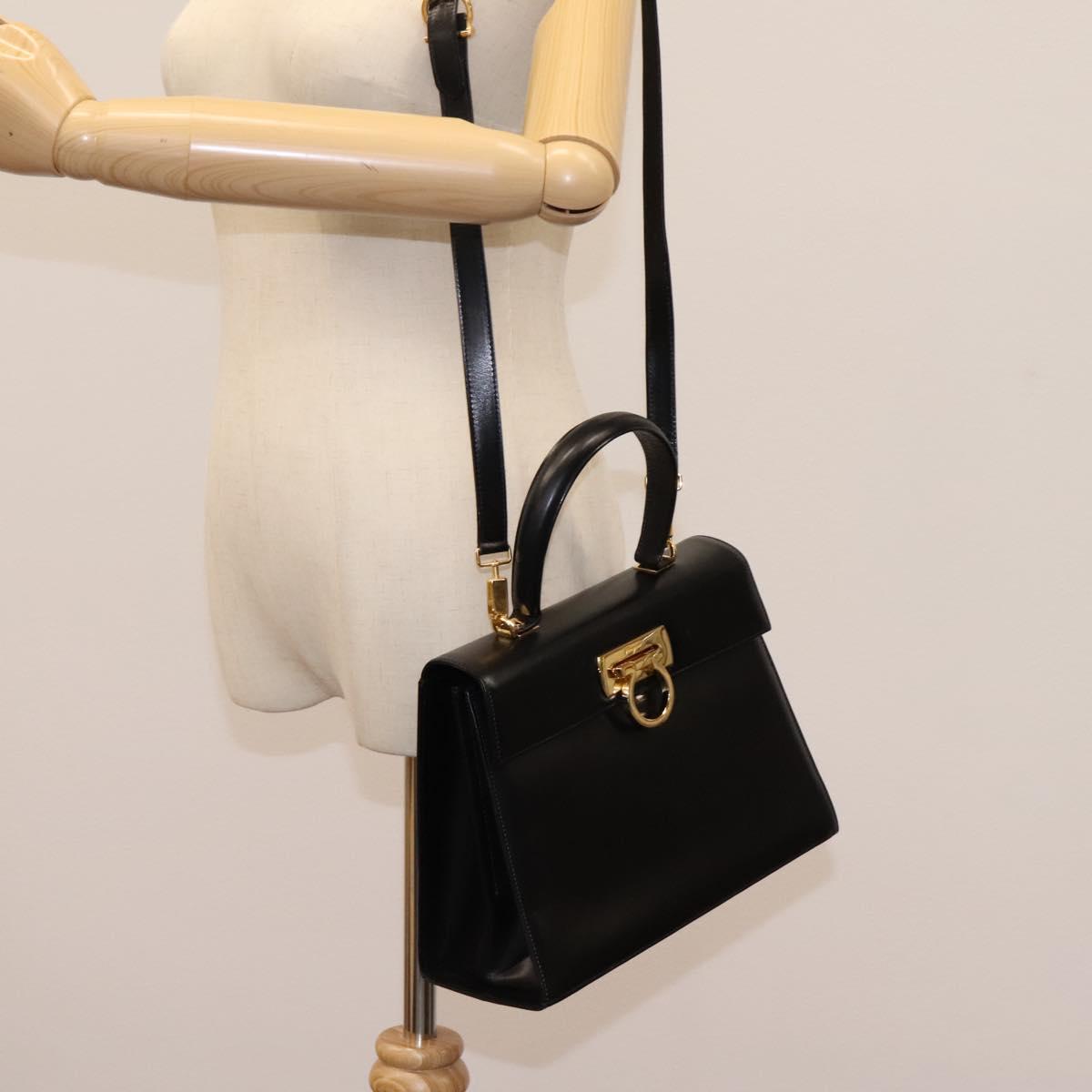 Salvatore Ferragamo Gancini Hand Bag Leather 2way Black Gold Auth fm4391