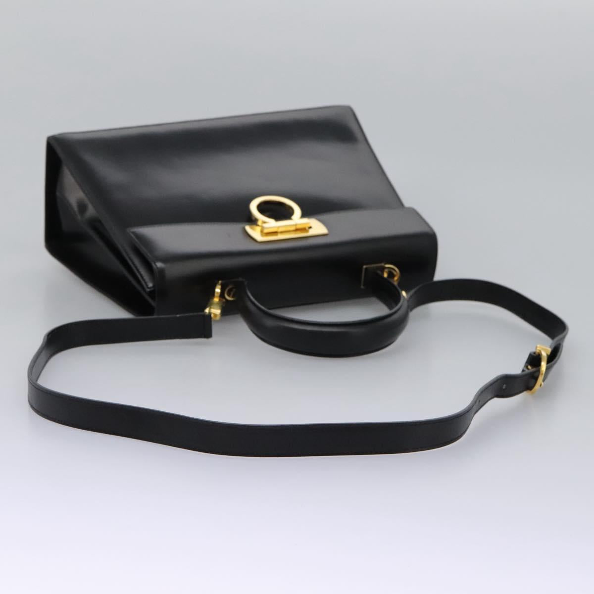 Salvatore Ferragamo Gancini Hand Bag Leather 2way Black Gold Auth fm4391