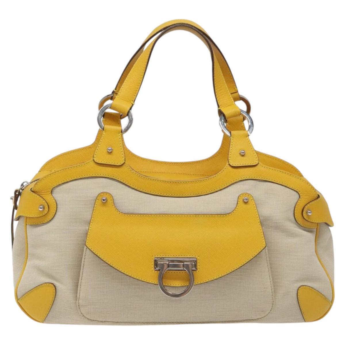Salvatore Ferragamo Gancini Hand Bag Canvas Yellow Silver Auth fm4395