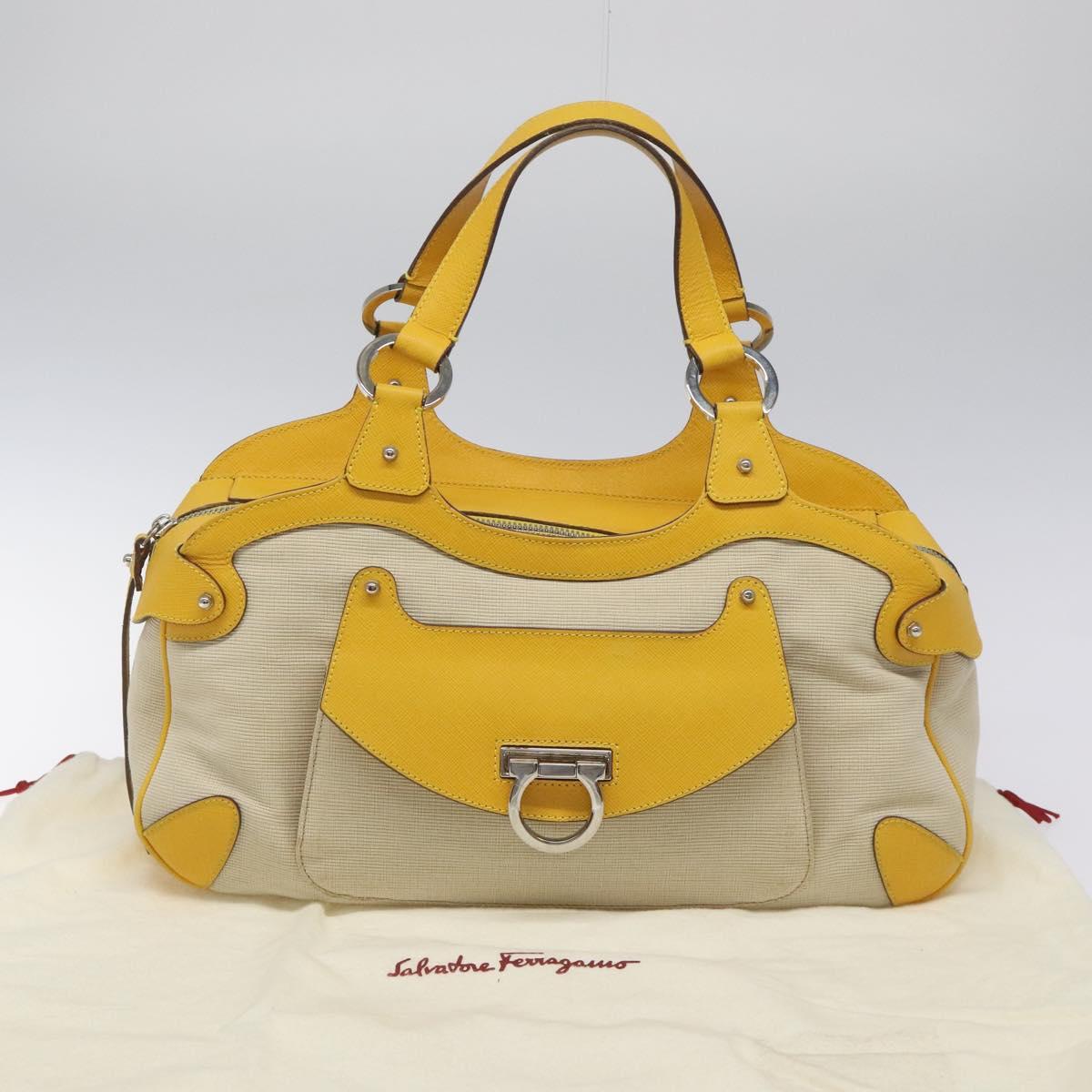 Salvatore Ferragamo Gancini Hand Bag Canvas Yellow Silver Auth fm4395