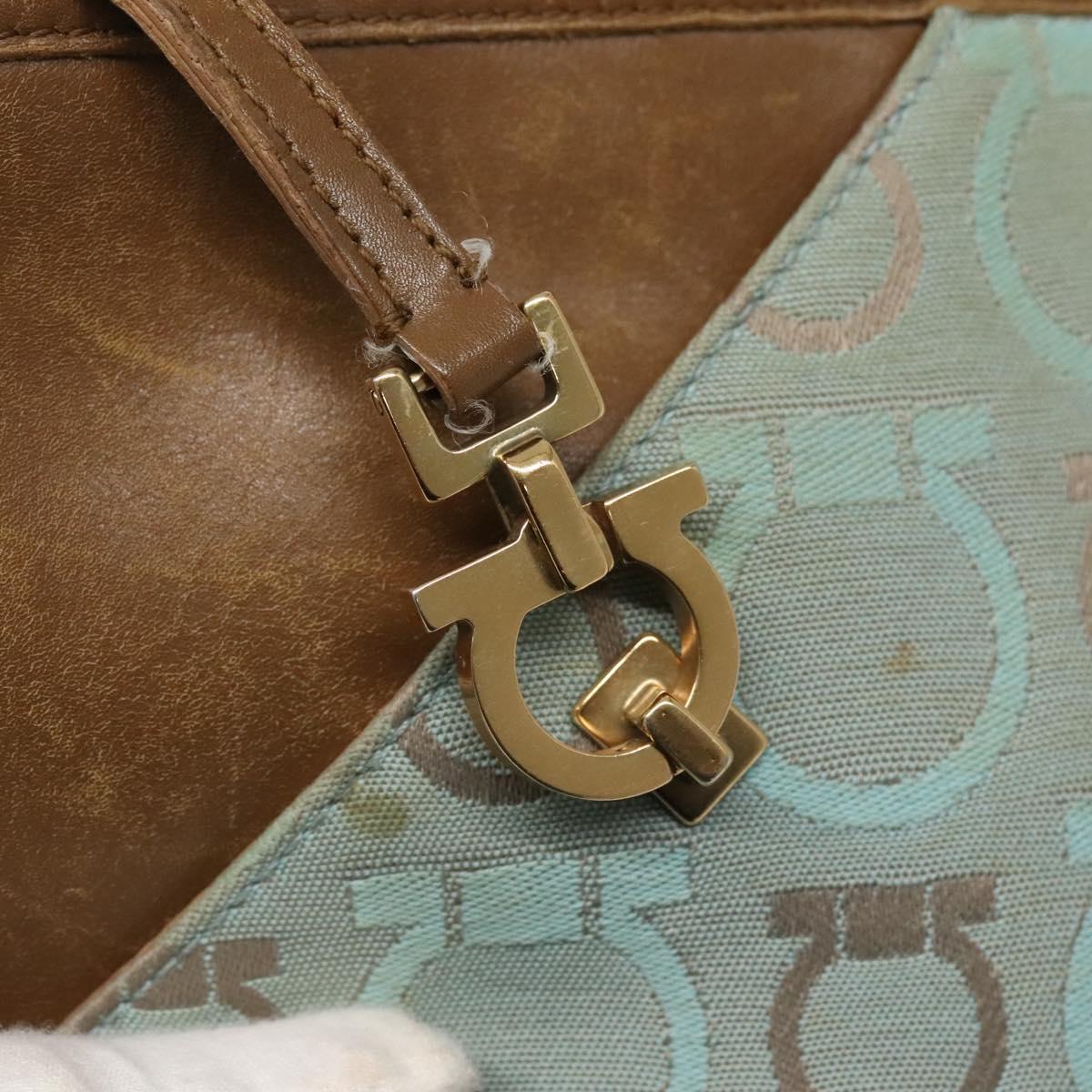 Salvatore Ferragamo Gancini Shoulder Bag Canvas Light Blue gold Auth fm4454
