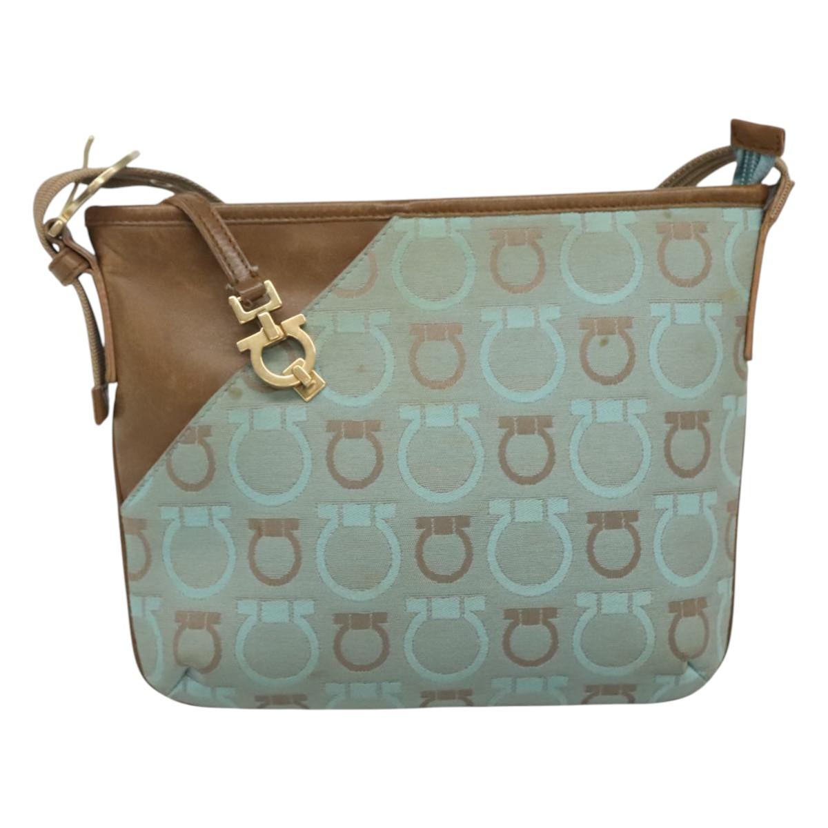Salvatore Ferragamo Gancini Shoulder Bag Canvas Light Blue gold Auth fm4454