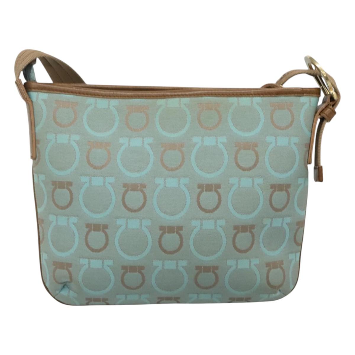 Salvatore Ferragamo Gancini Shoulder Bag Canvas Light Blue gold Auth fm4454