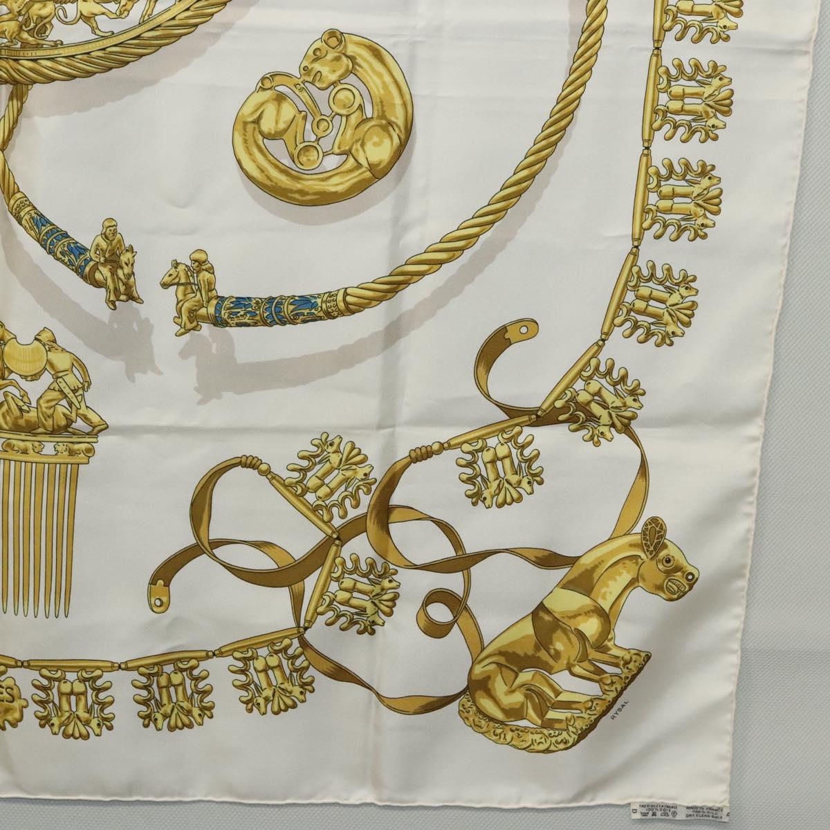 HERMES Carre 90 Scarf ""LES CAVALIERS D'OR"" Silk White Auth fm4509